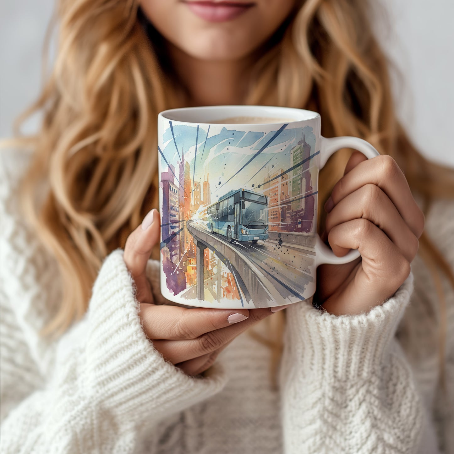 Hrnek s autobusem na nadjezdu