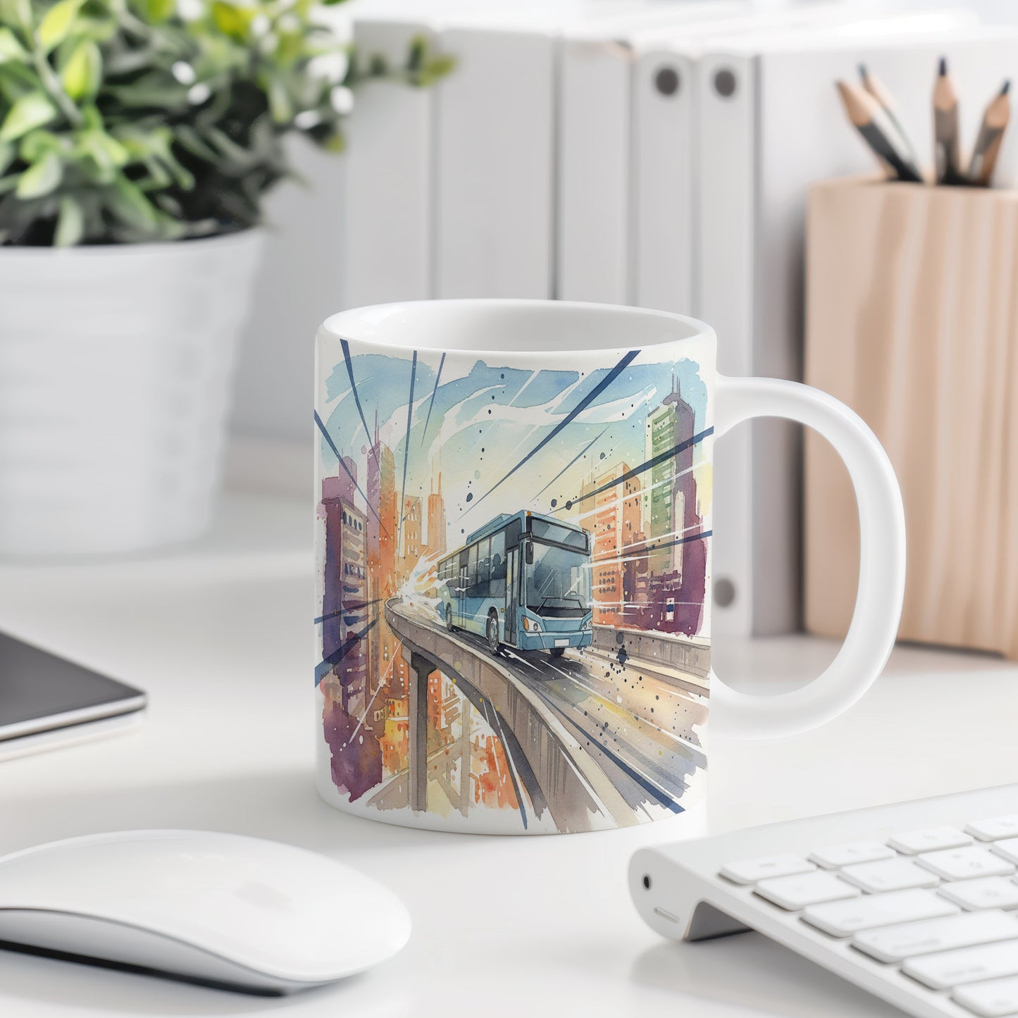 Hrnek s autobusem na nadjezdu