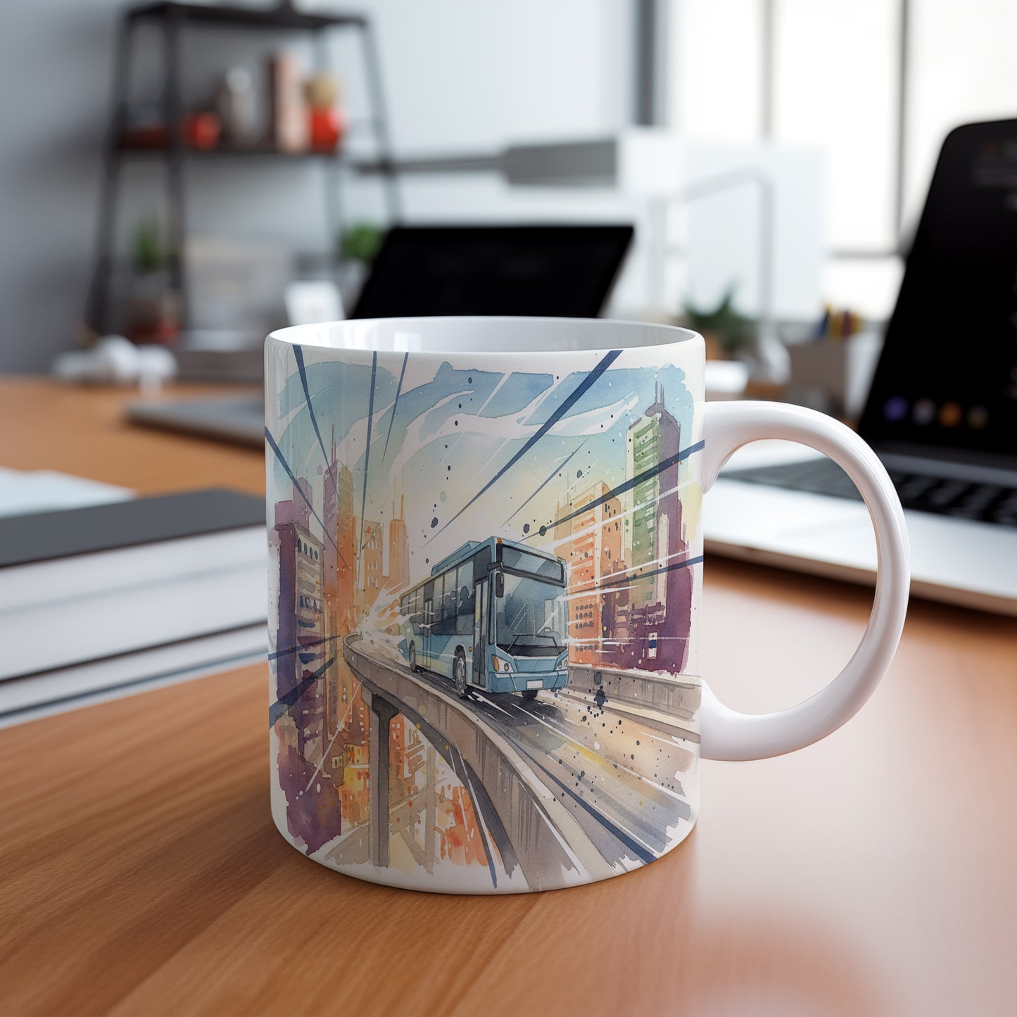 Hrnek s autobusem na nadjezdu