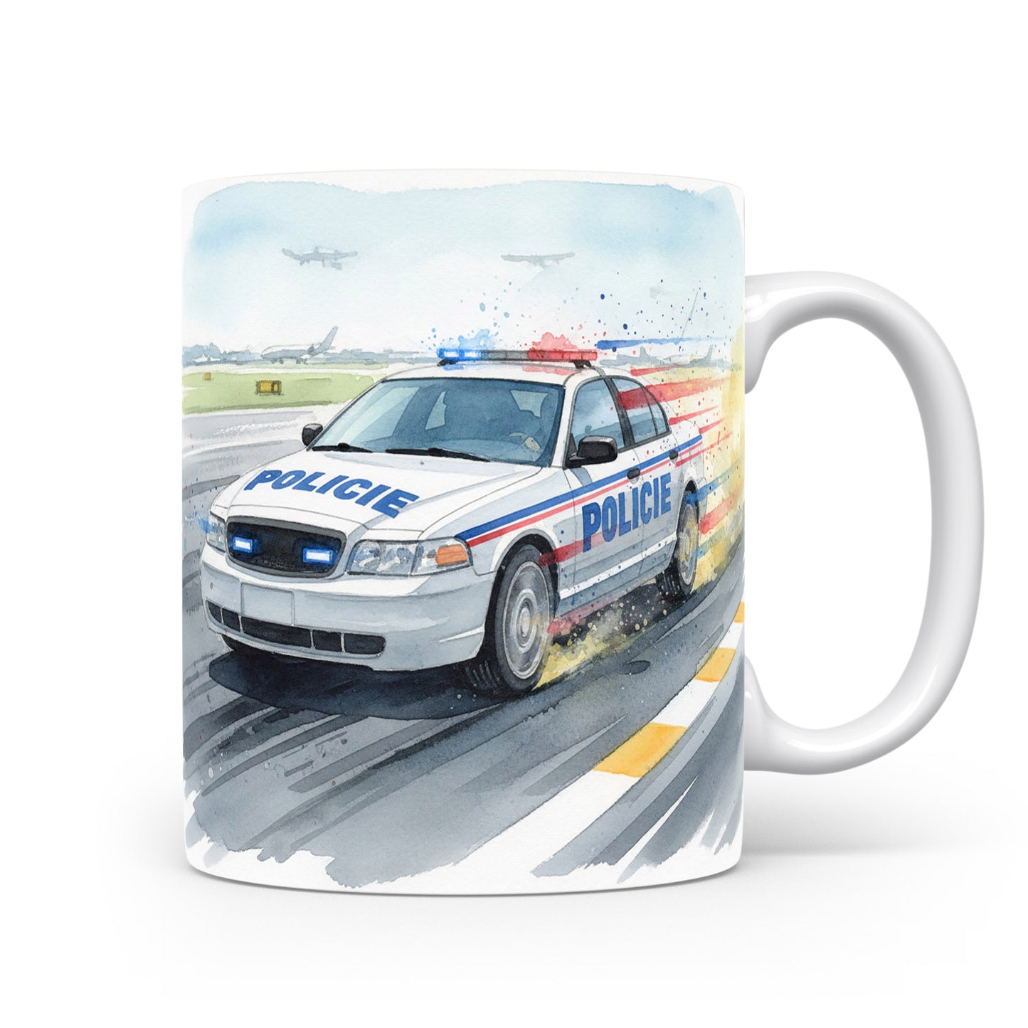 Policejní auto na dráze v akvarelu