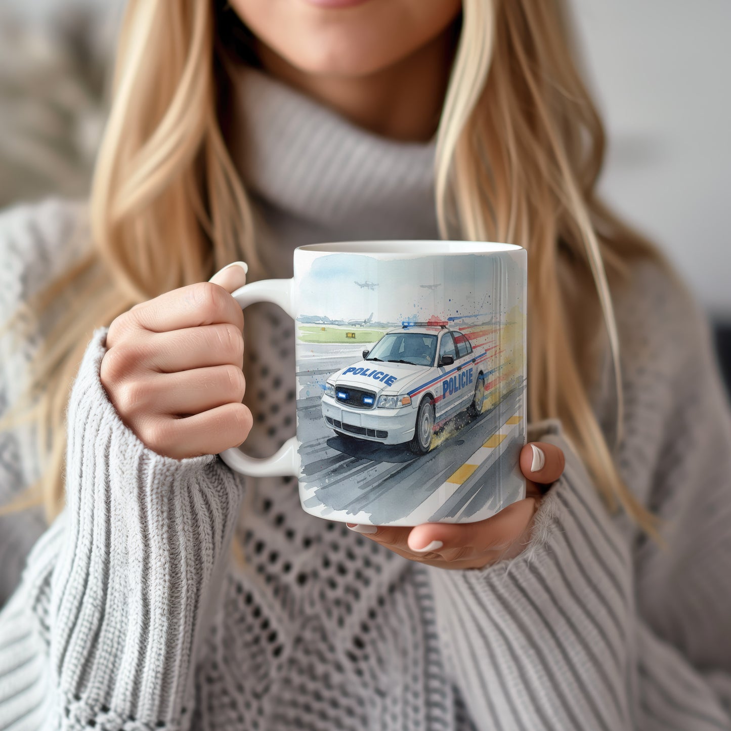 Hrnek s policejním autem na dráze