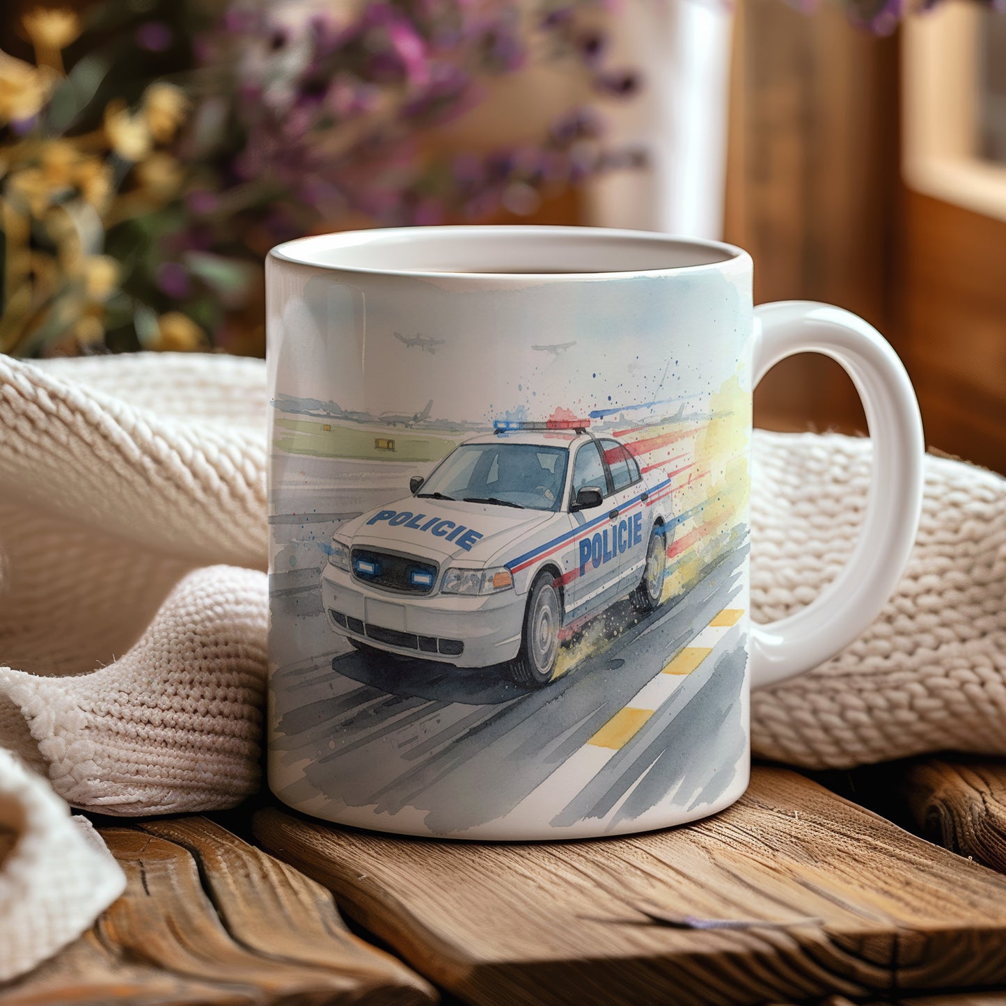 Hrnek s policejním autem na dráze