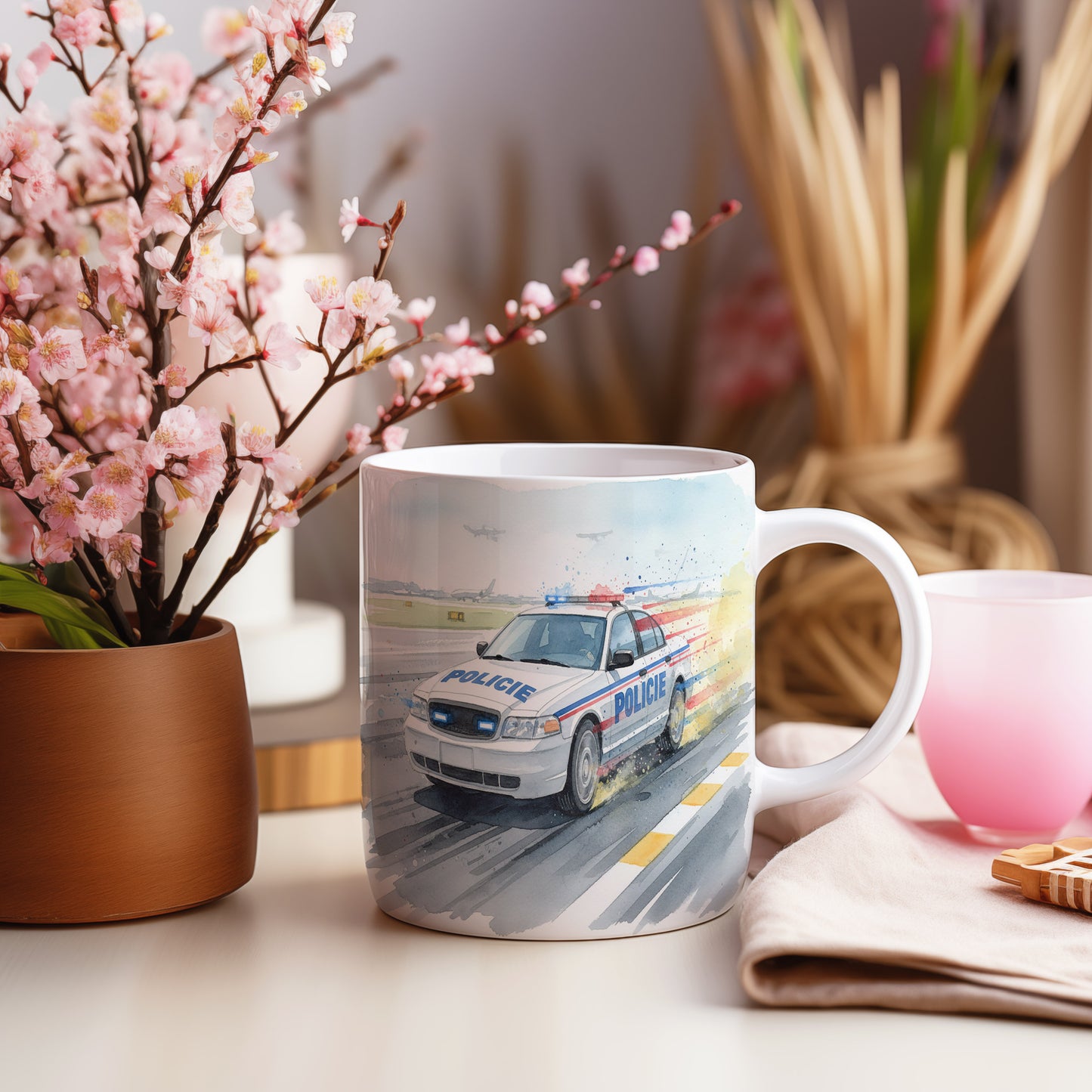 Hrnek s policejním autem na dráze
