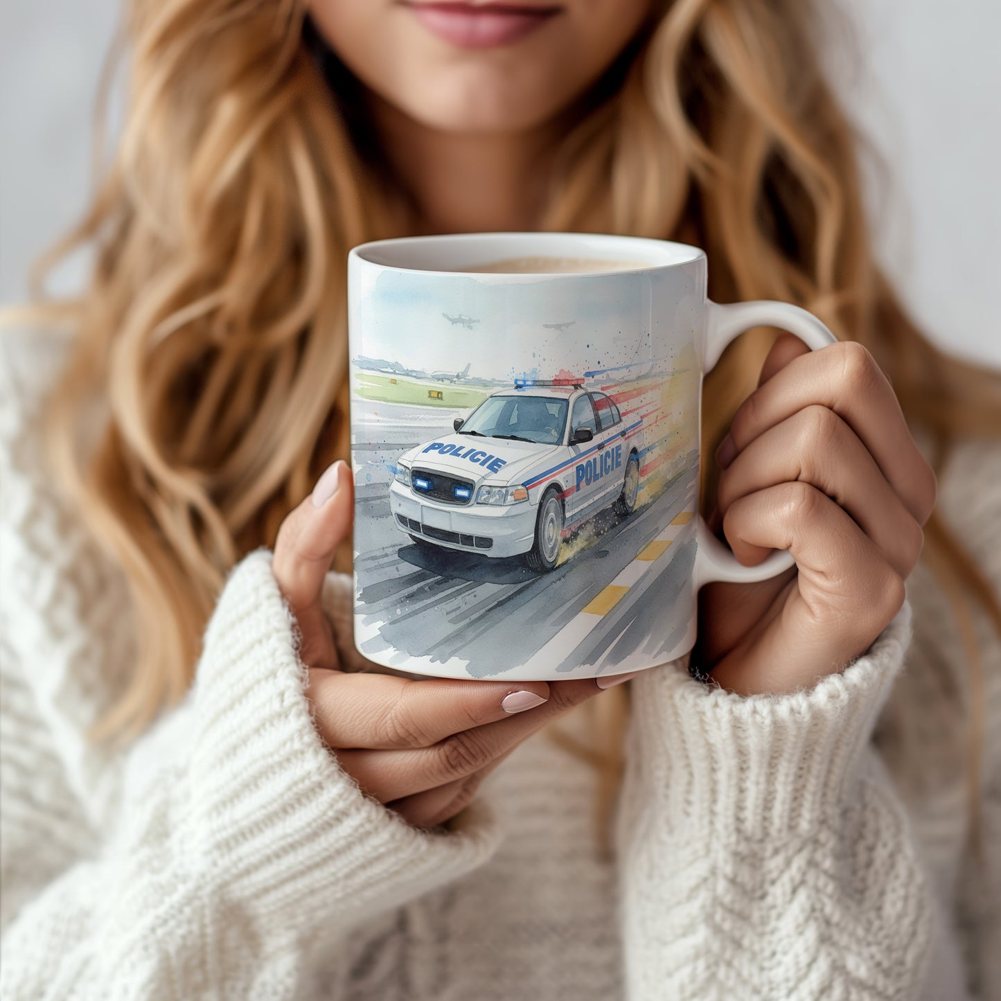 Hrnek s policejním autem na dráze