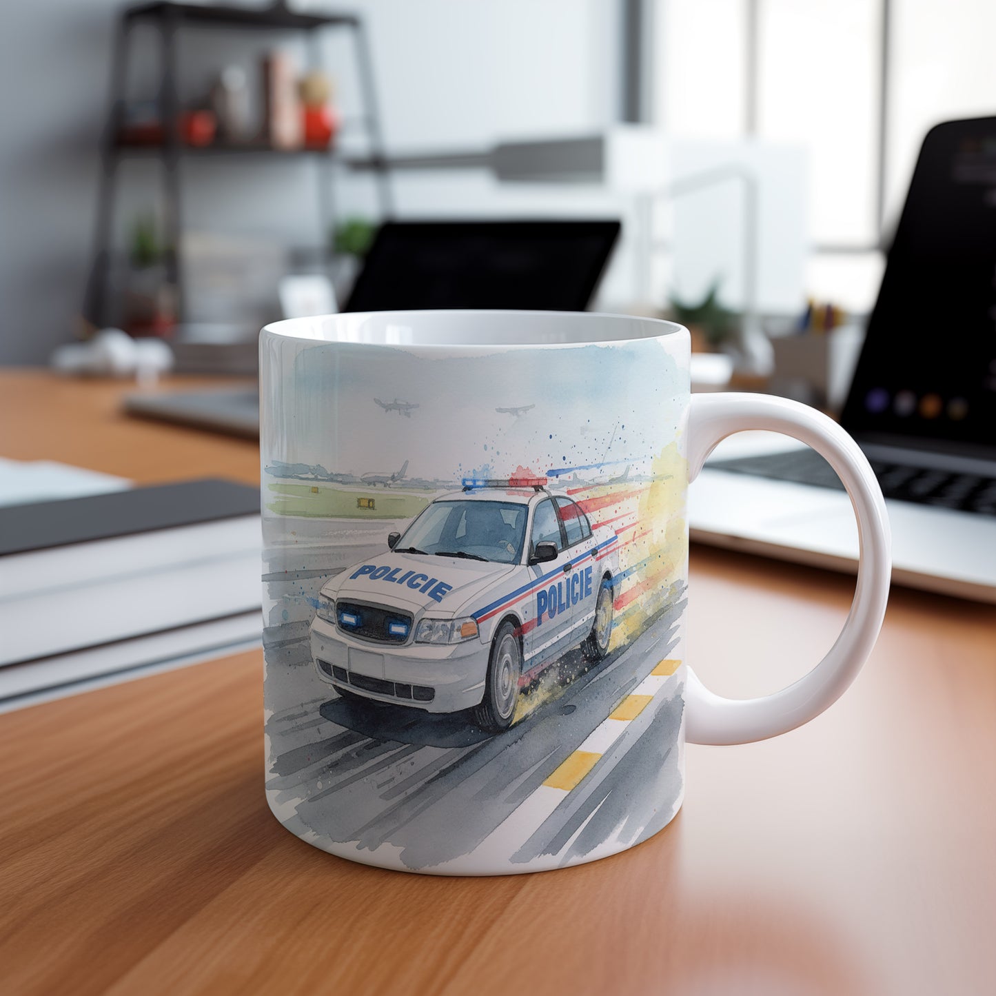 Hrnek s policejním autem na dráze