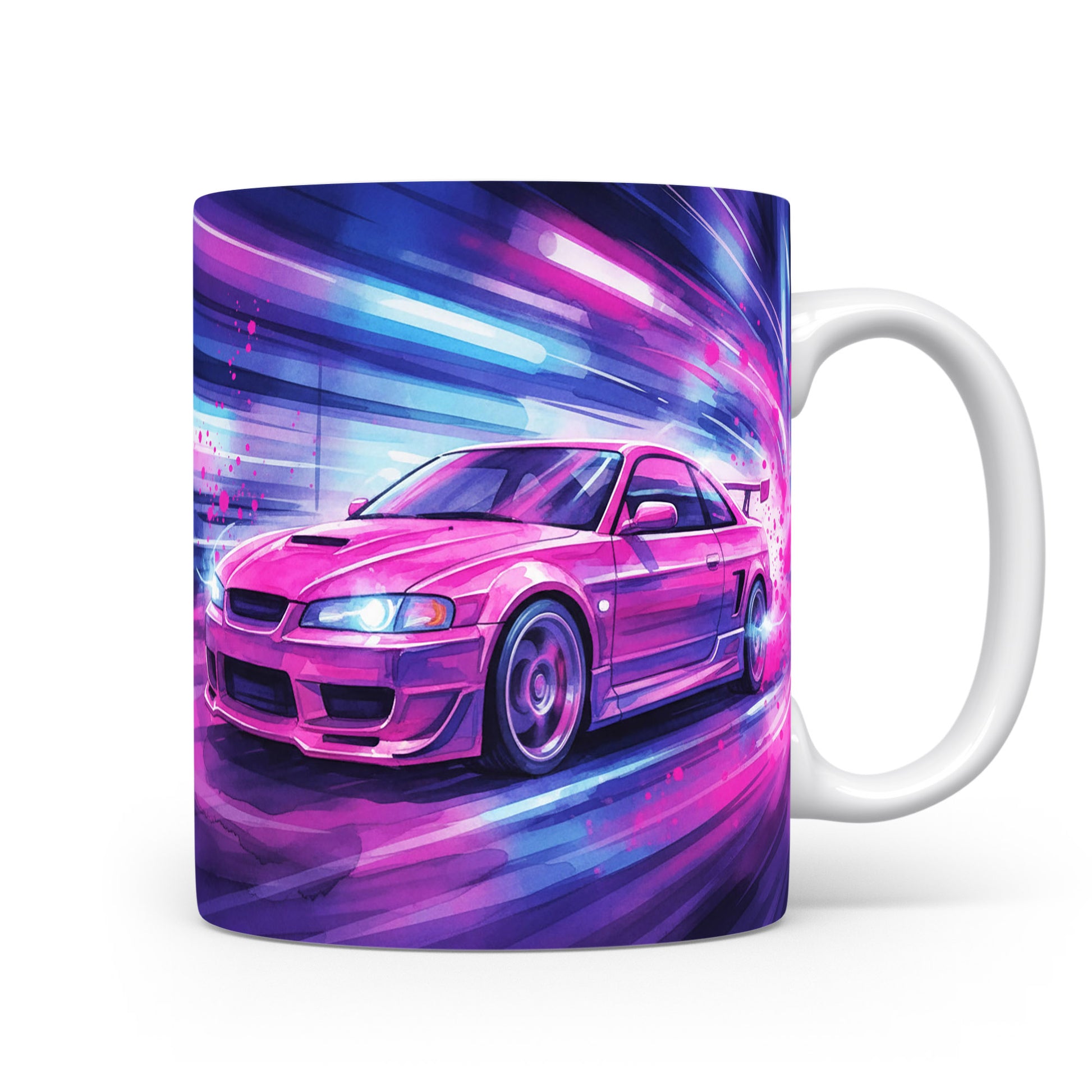 Hrnek s růžovým sportovním autem v rychlosti