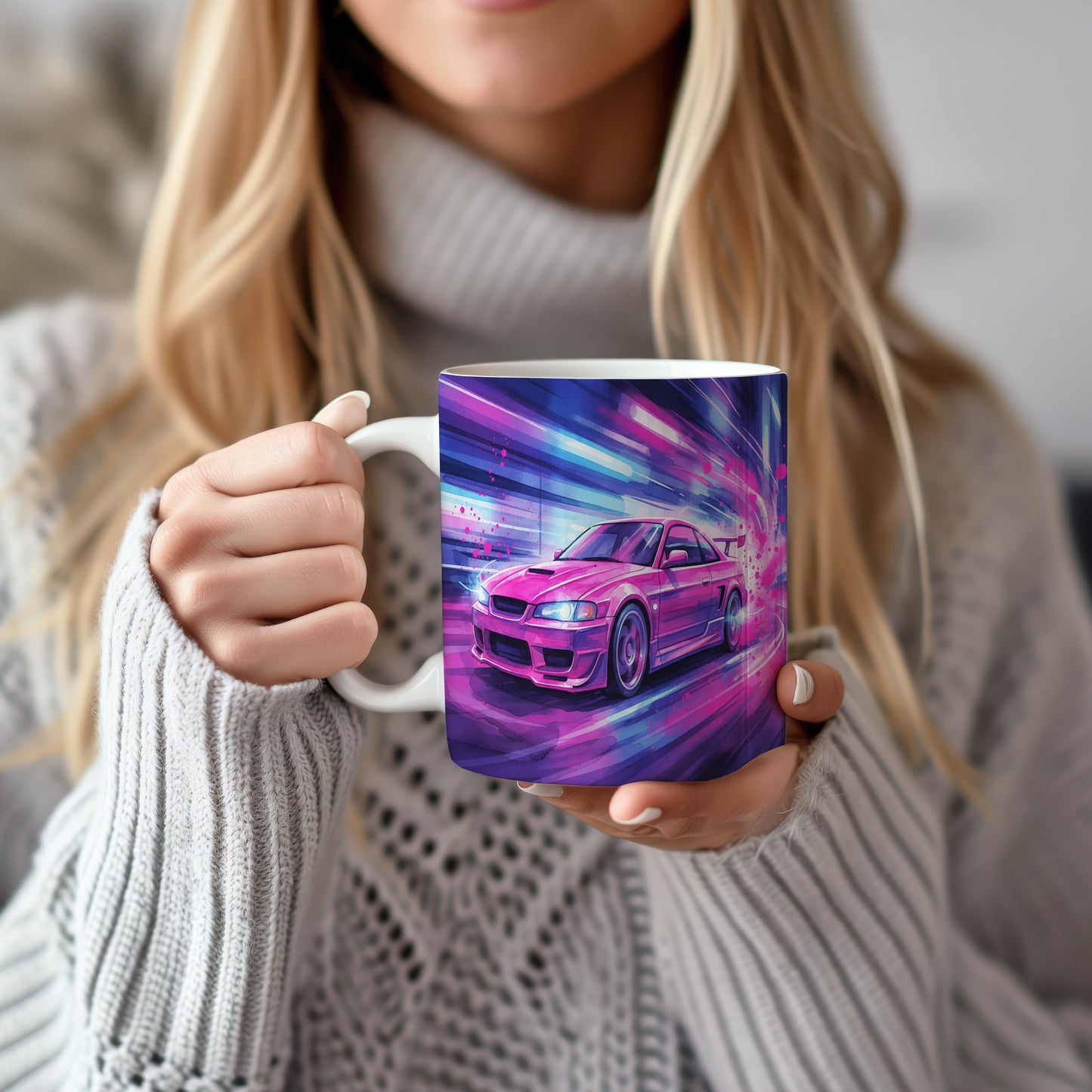 Hrnek s růžovým sportovním autem v rychlosti