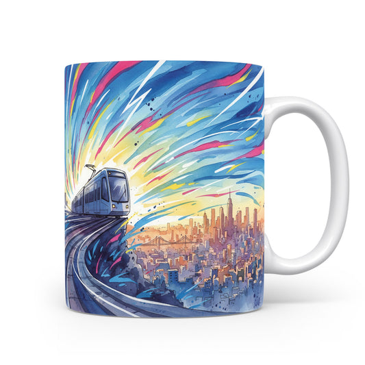 Hrnek s metrem nad městským horizontem v akvarelu