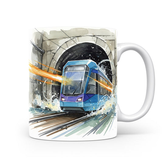 Hrnek s akvarelem tramvaje v tunelu