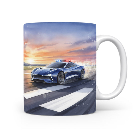 Policejní auto za úsvitu na hrnku