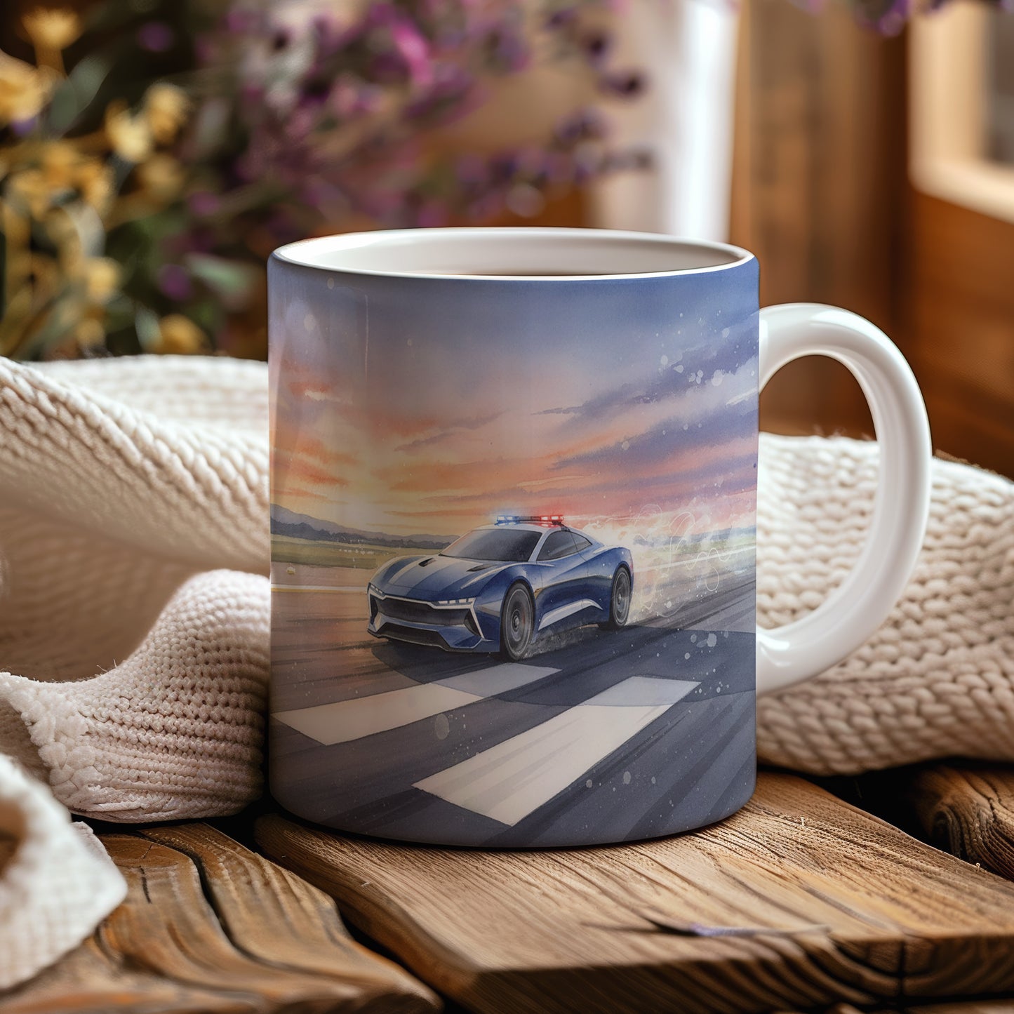 Hrnek s policejním autem za úsvitu