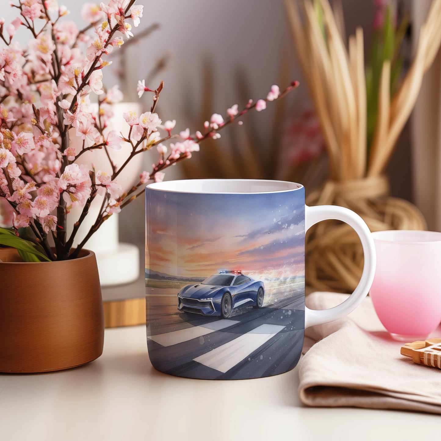 Hrnek s policejním autem za úsvitu