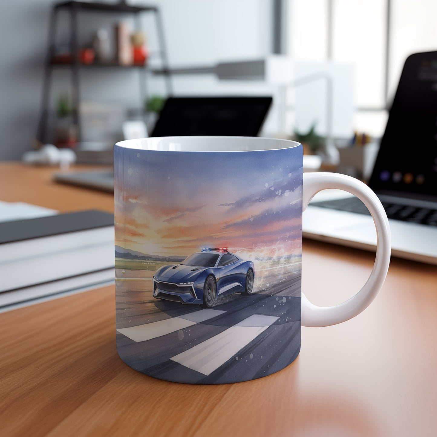 Hrnek s policejním autem za úsvitu