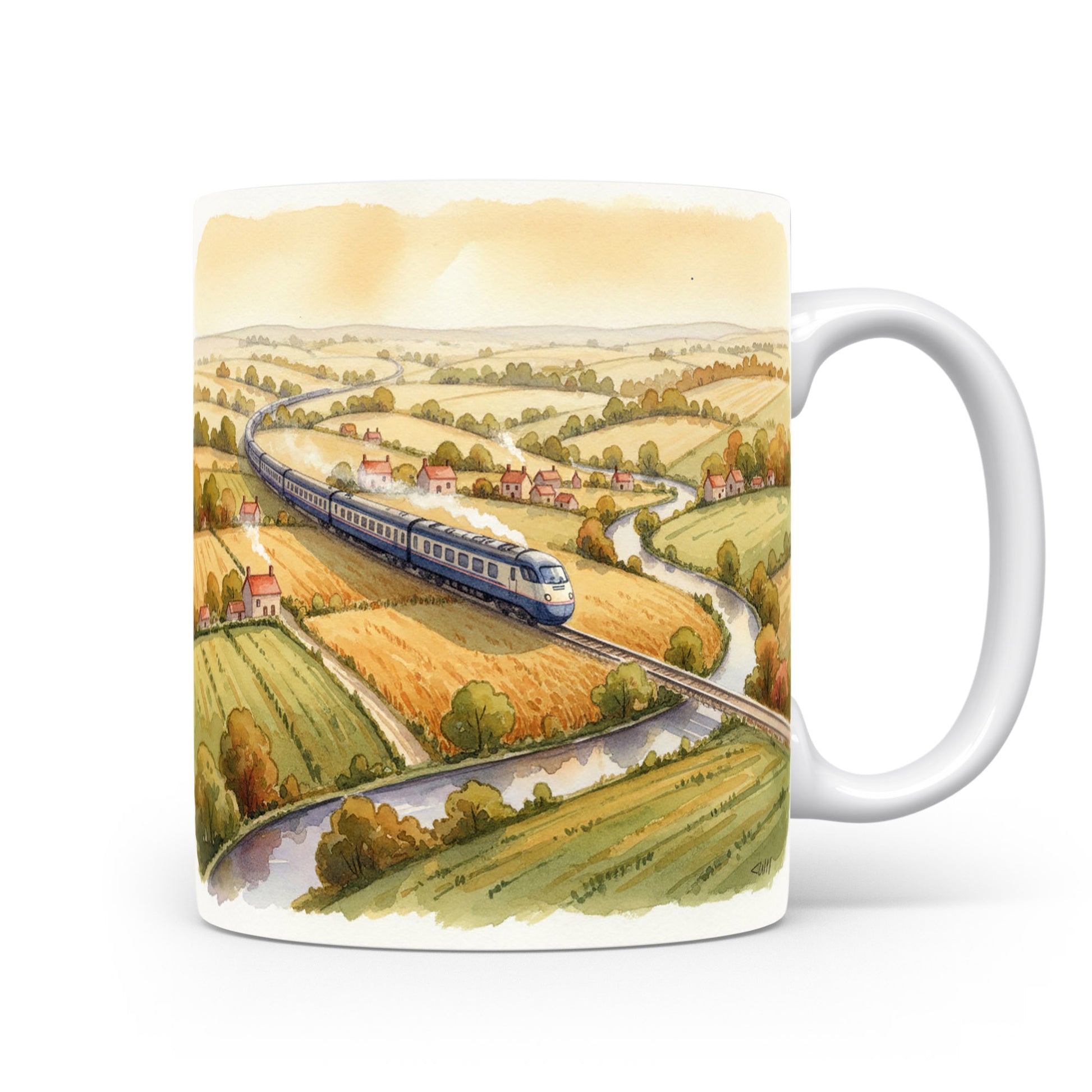 Hrnek s vlakem v krajině