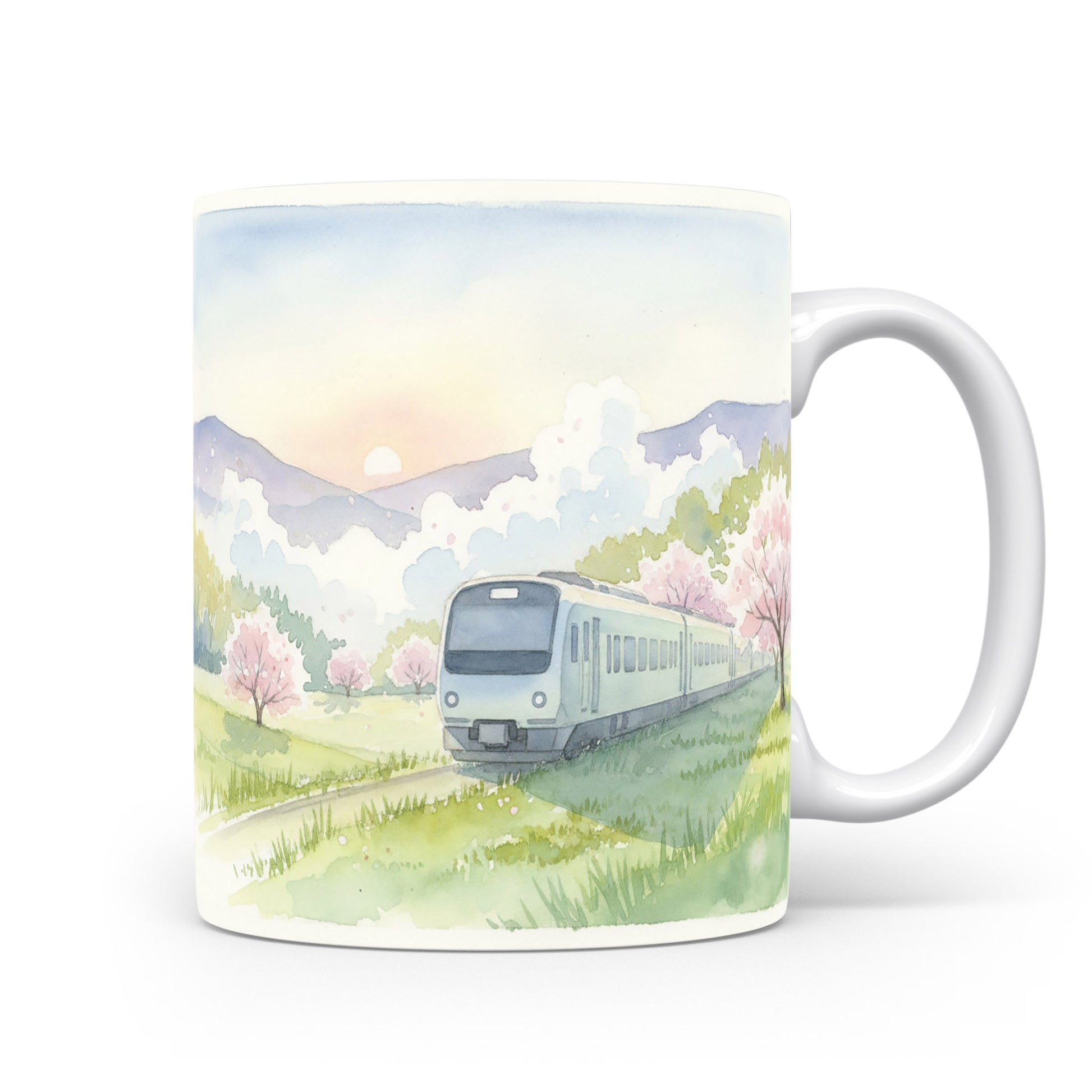 Vlak v květinové krajině na hrnku