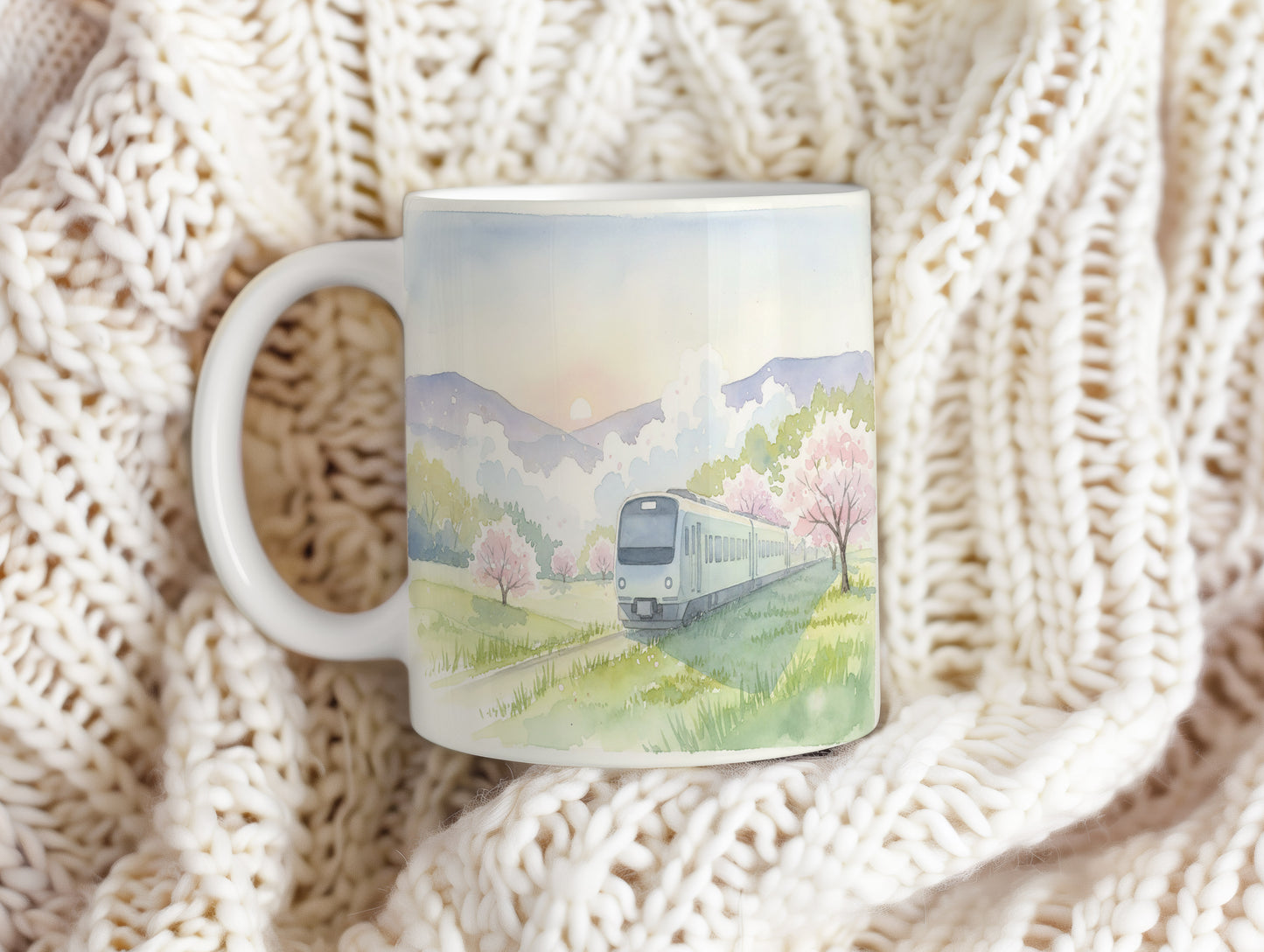 Hrnek s vlakem v květinové krajině