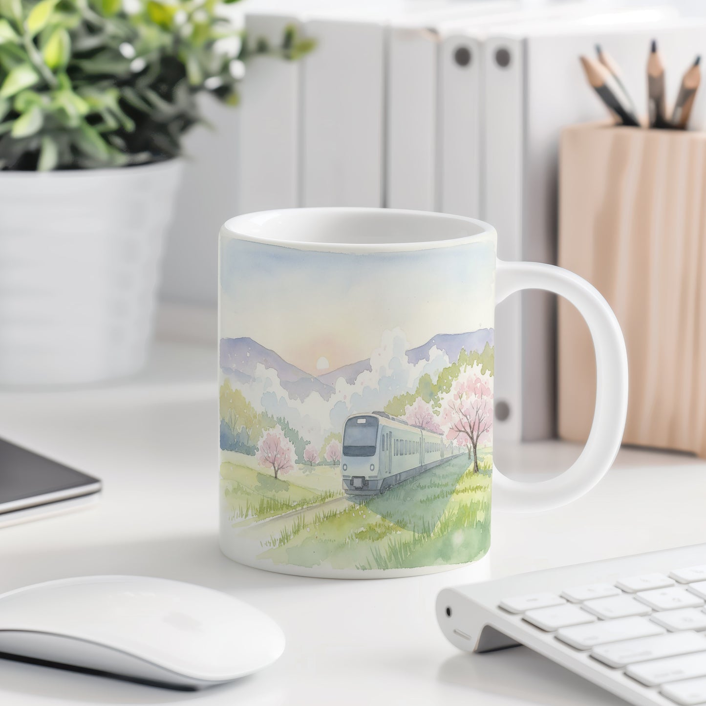 Hrnek s vlakem v květinové krajině