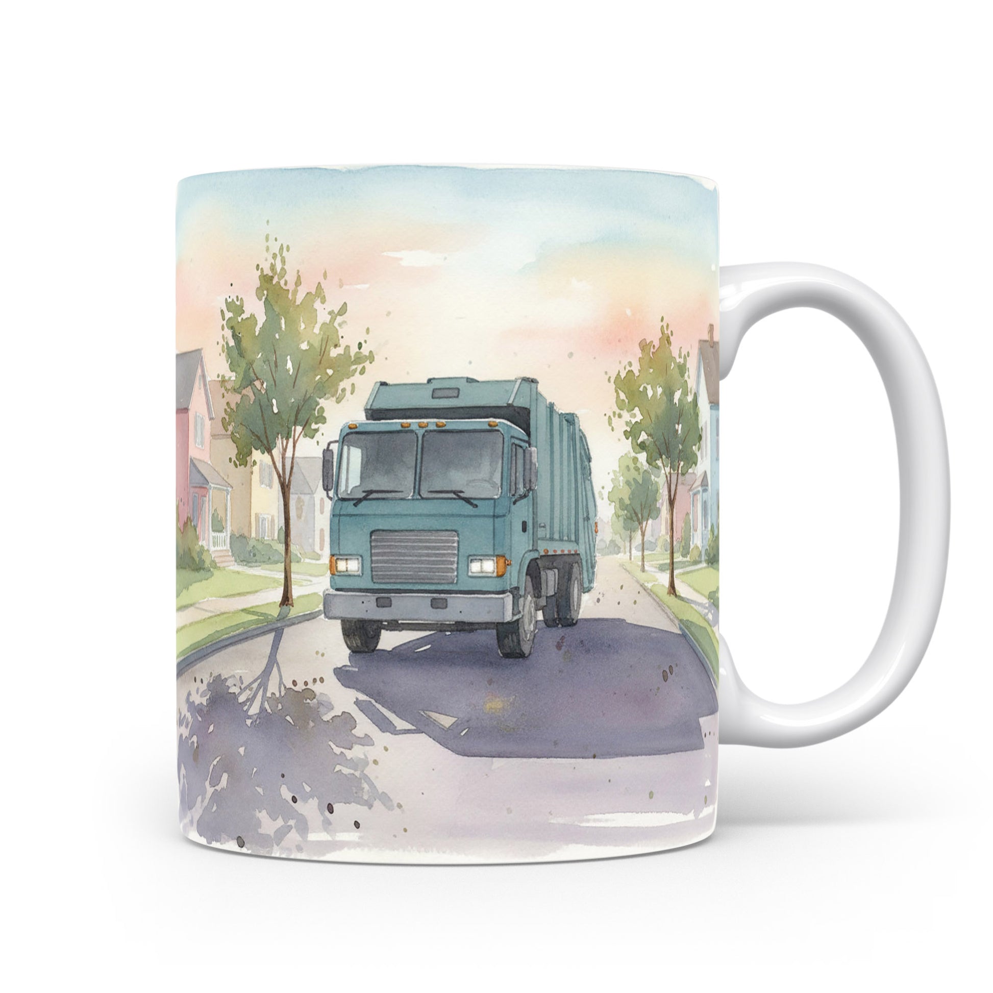 Popelářský vůz v ranním světle na hrnku