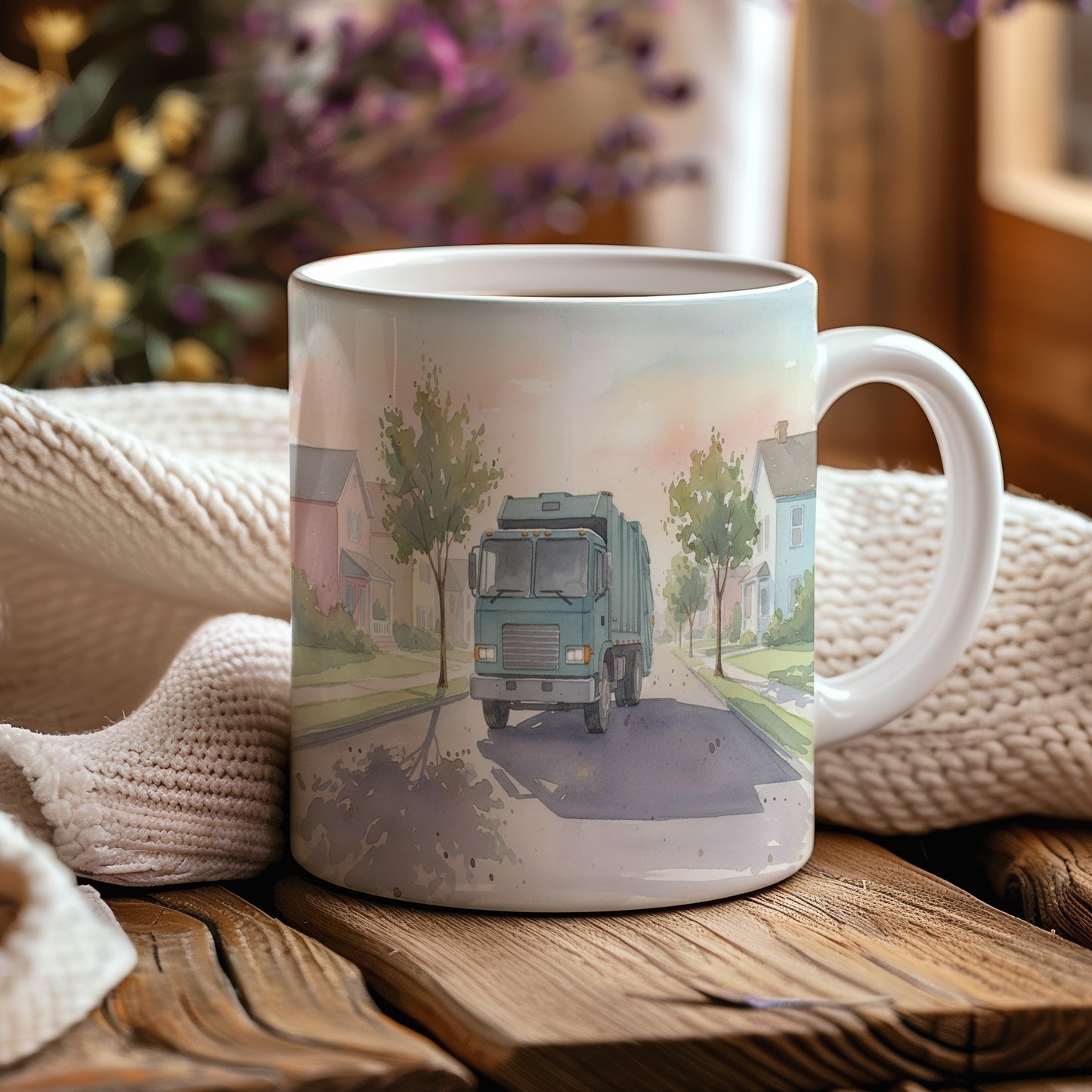 Hrnek s popelářským vozem v ranním světle