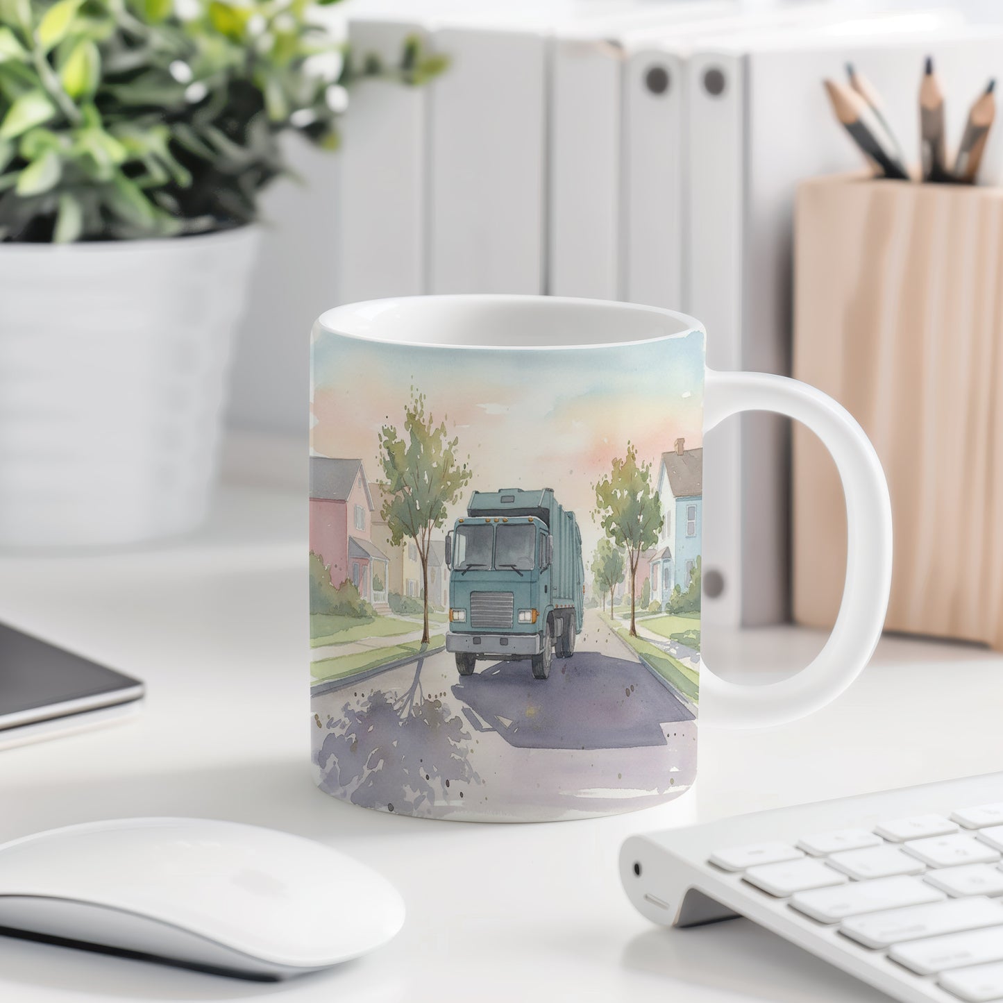 Hrnek s popelářským vozem v ranním světle