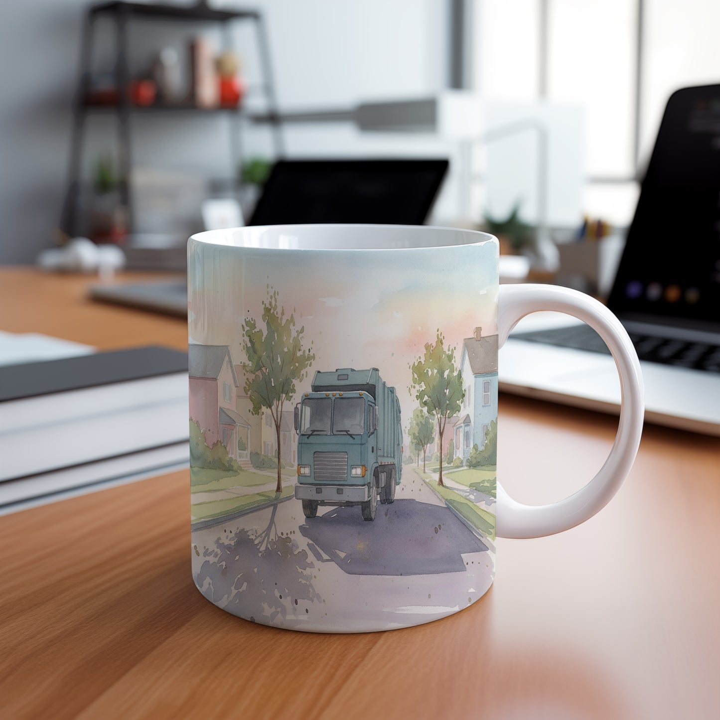 Hrnek s popelářským vozem v ranním světle