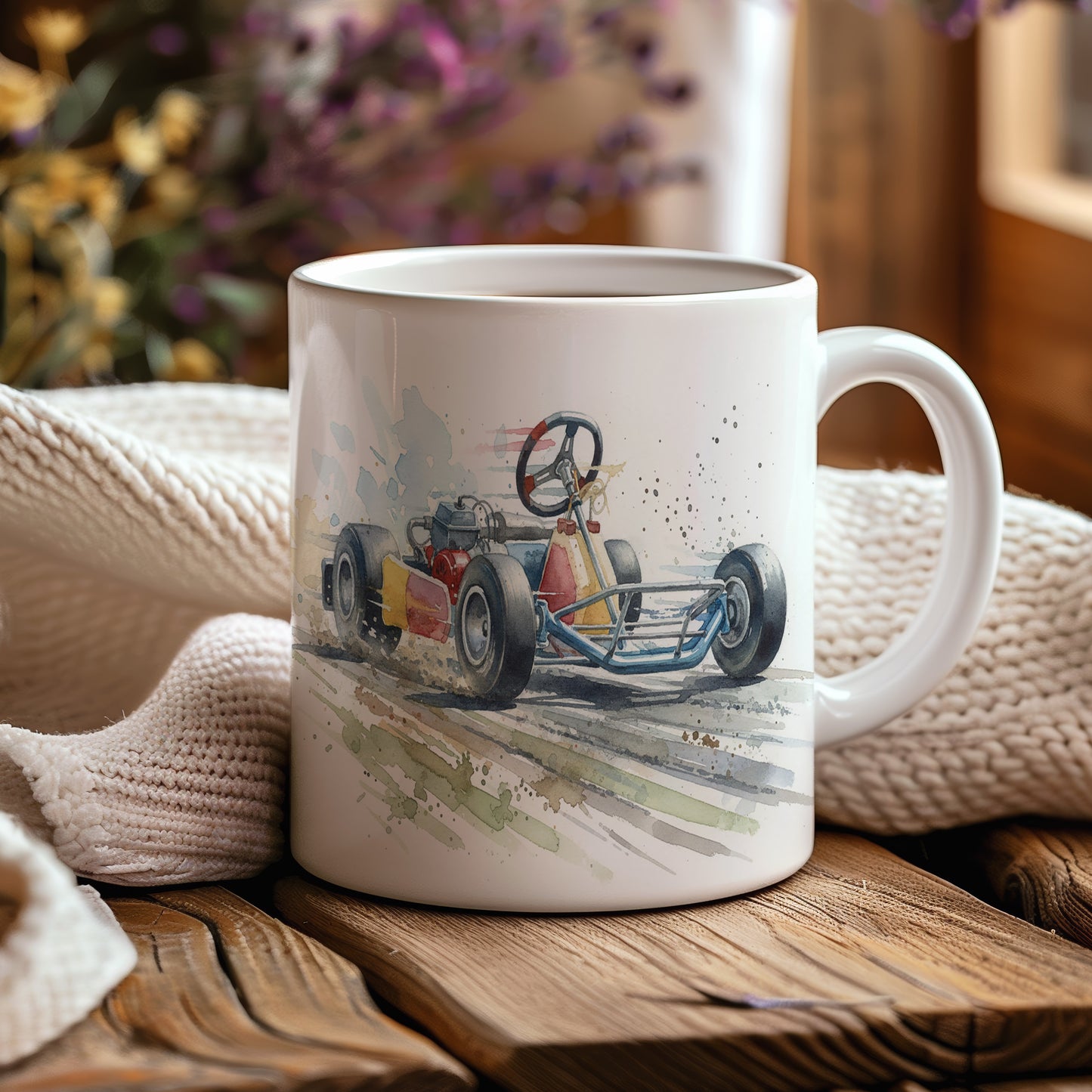 Hrnek s motokárou na závodní dráze