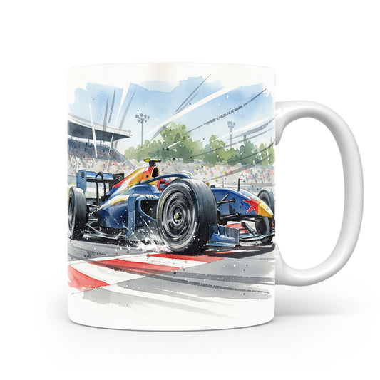 Akvarelový hrnek s formulí na závodní dráze