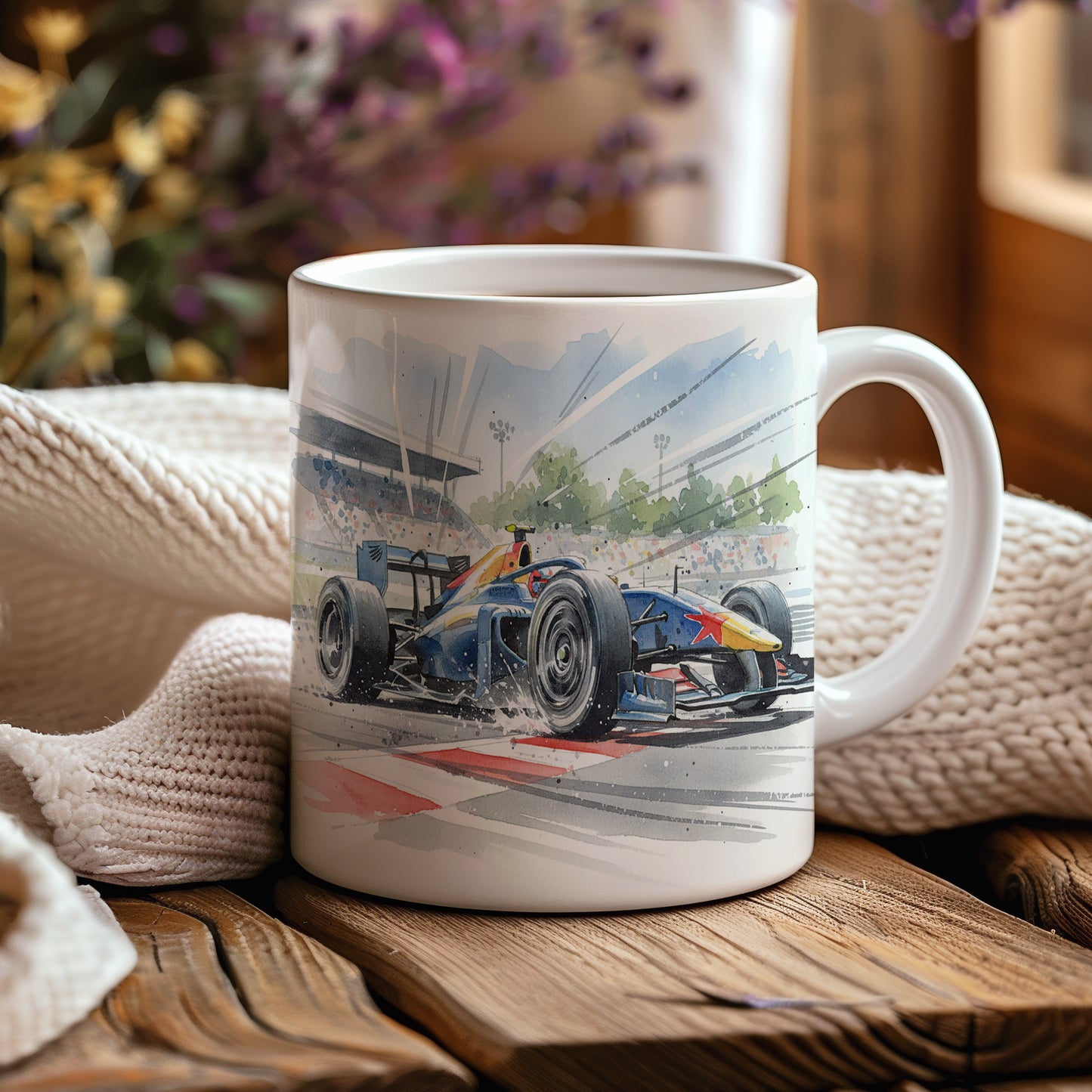 Hrnek s formulí na závodní dráze