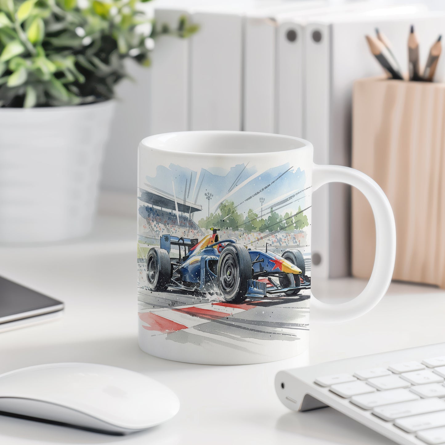 Hrnek s formulí na závodní dráze