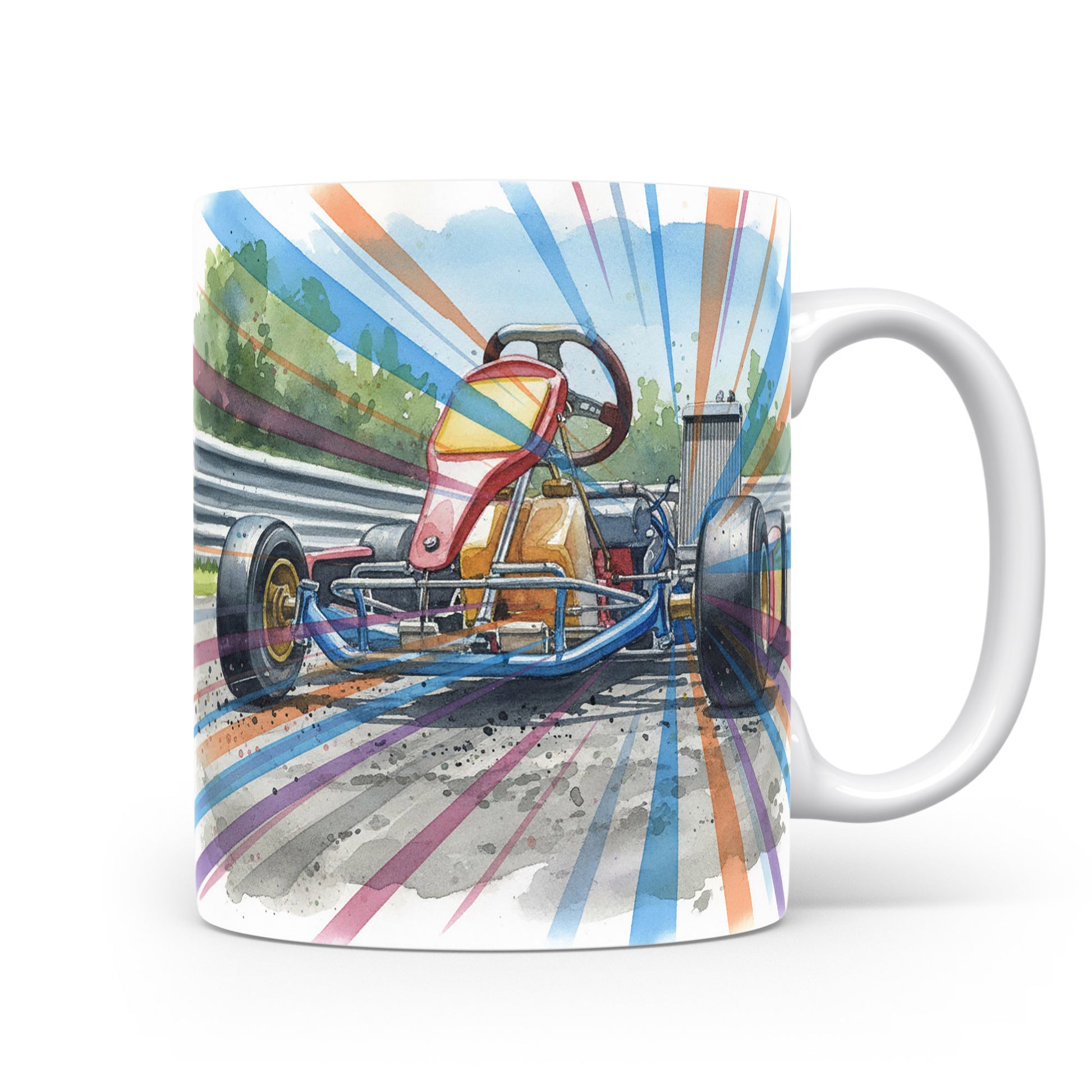 Hrnek s motokárou na závodní dráze