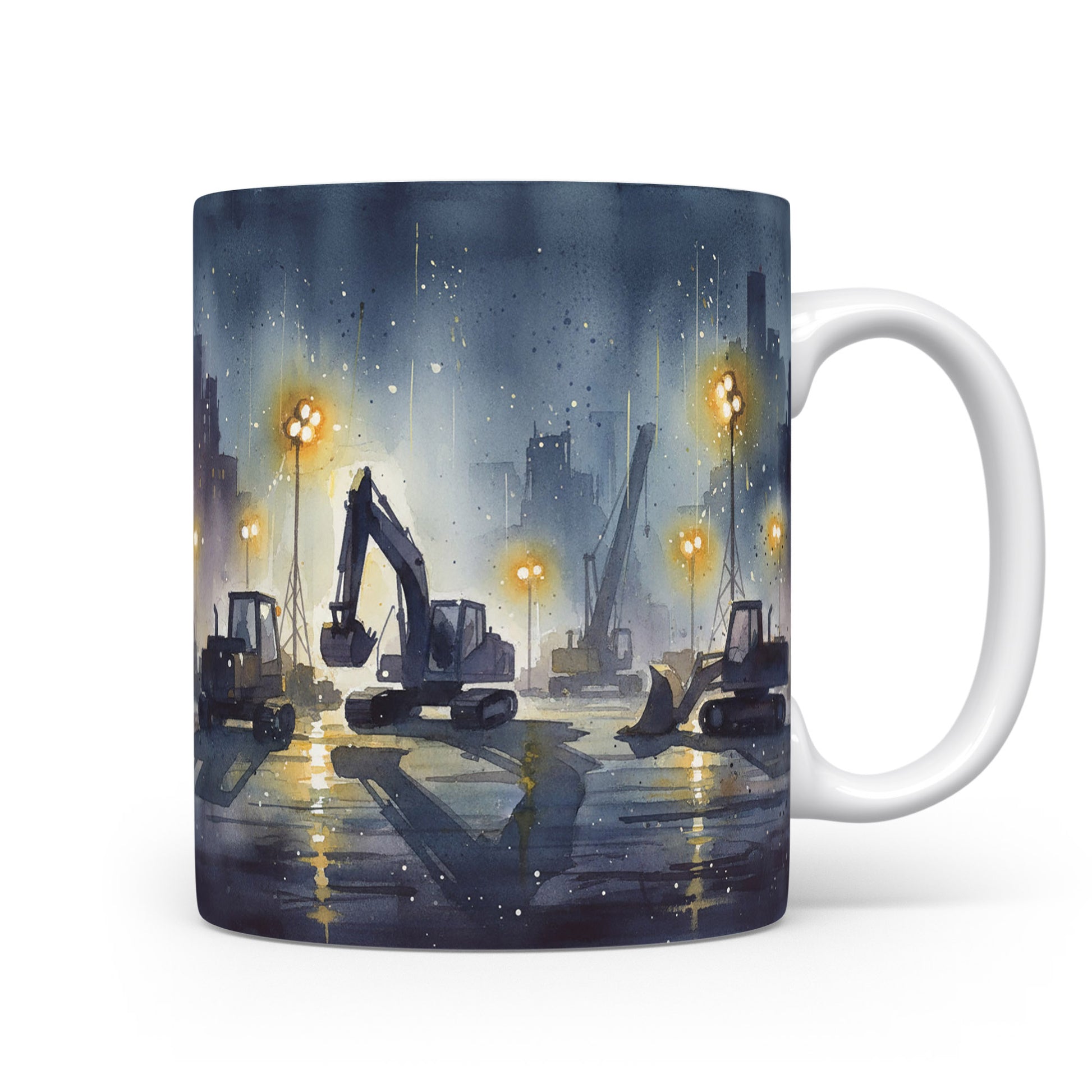 Hrnek s nočním staveništěm a stavebními stroji