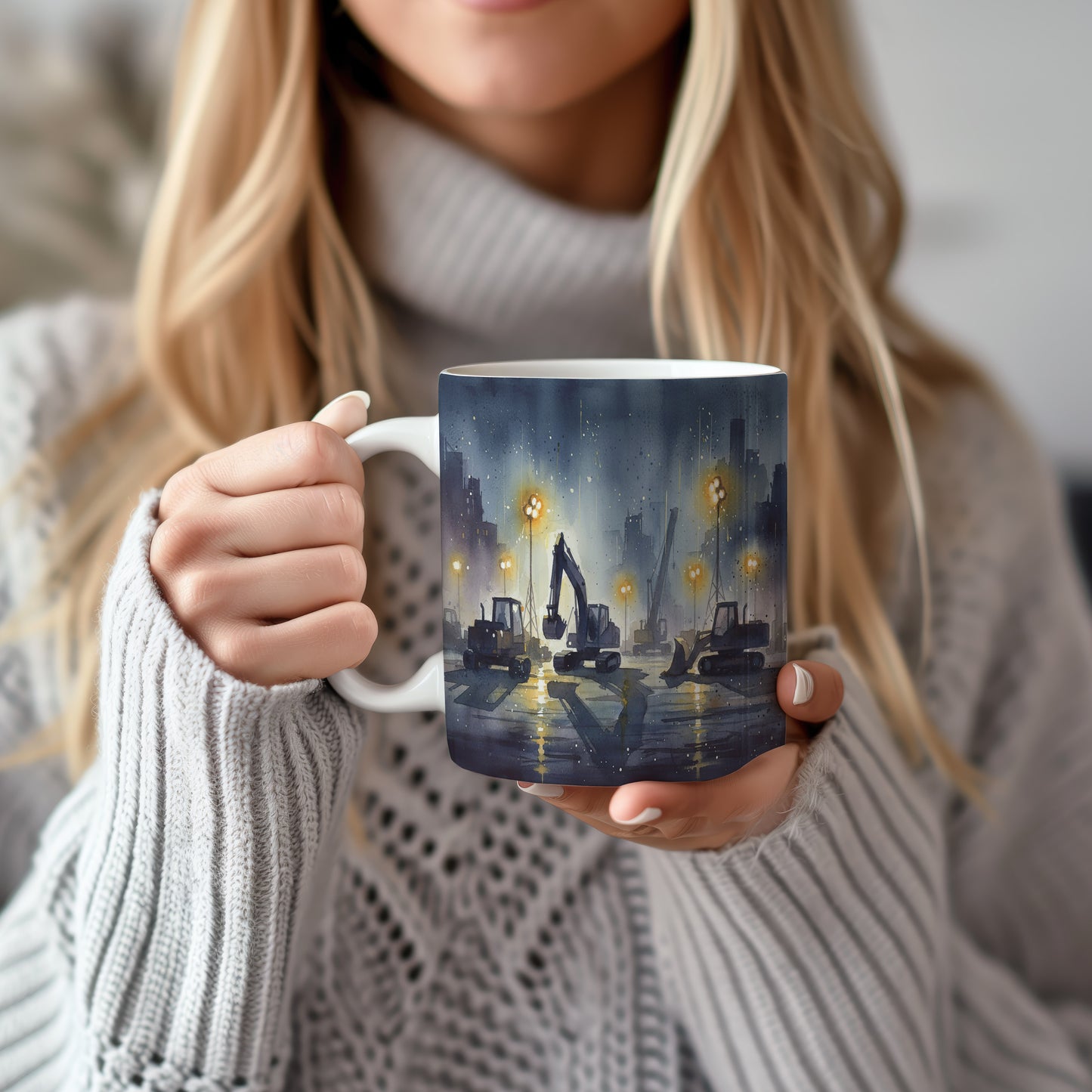 Hrnek s nočním staveništěm a stroji