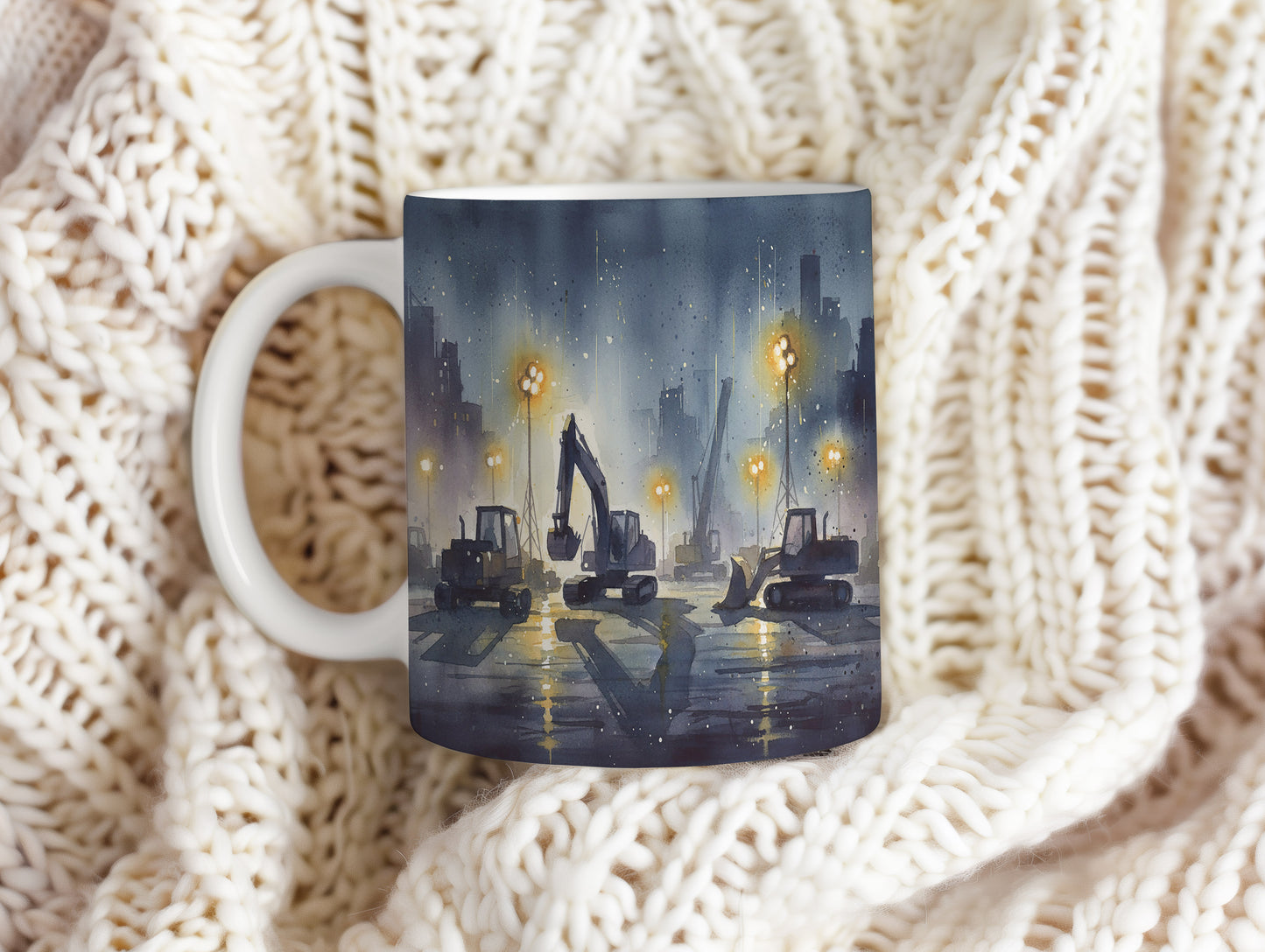 Hrnek s nočním staveništěm a stroji