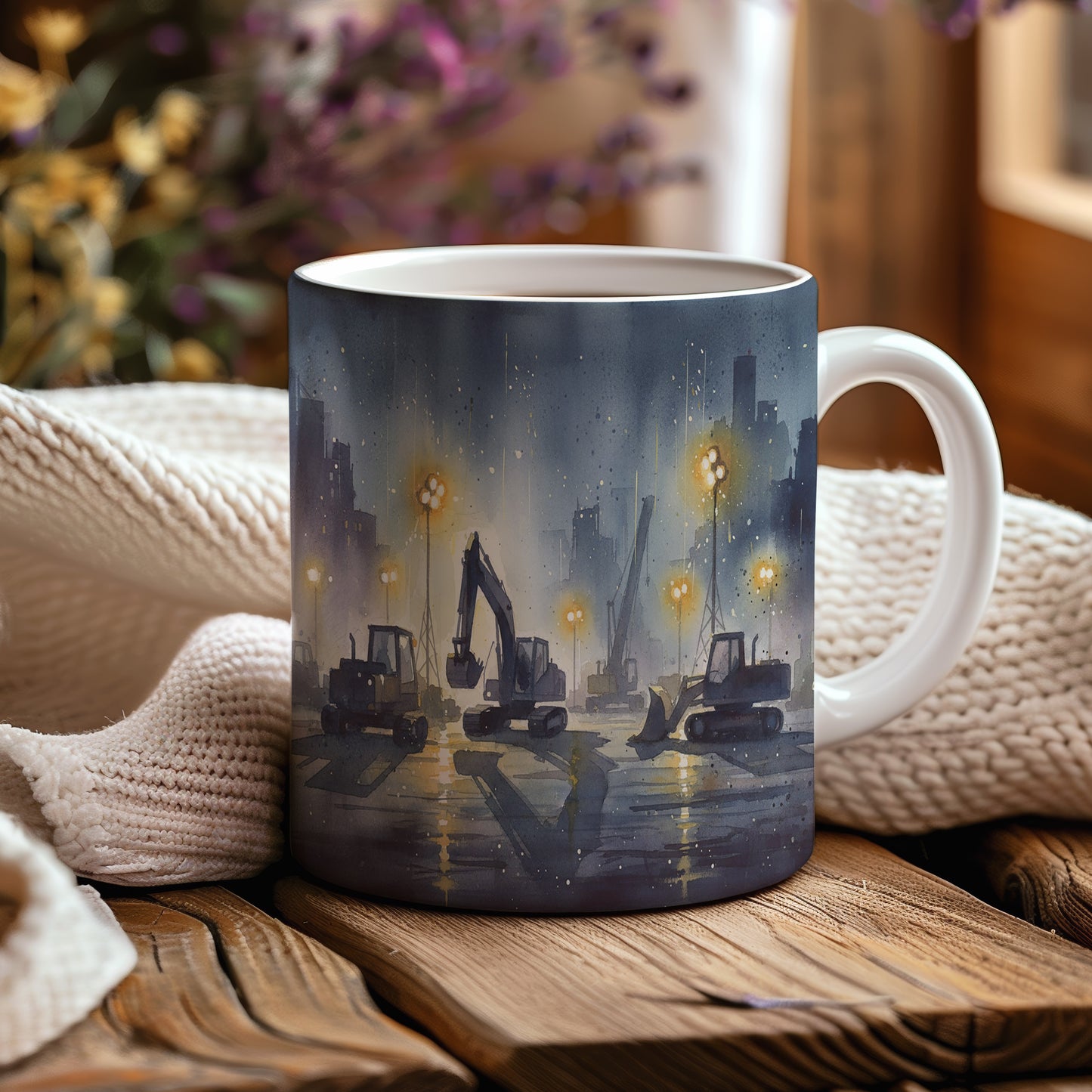 Hrnek s nočním staveništěm a stroji