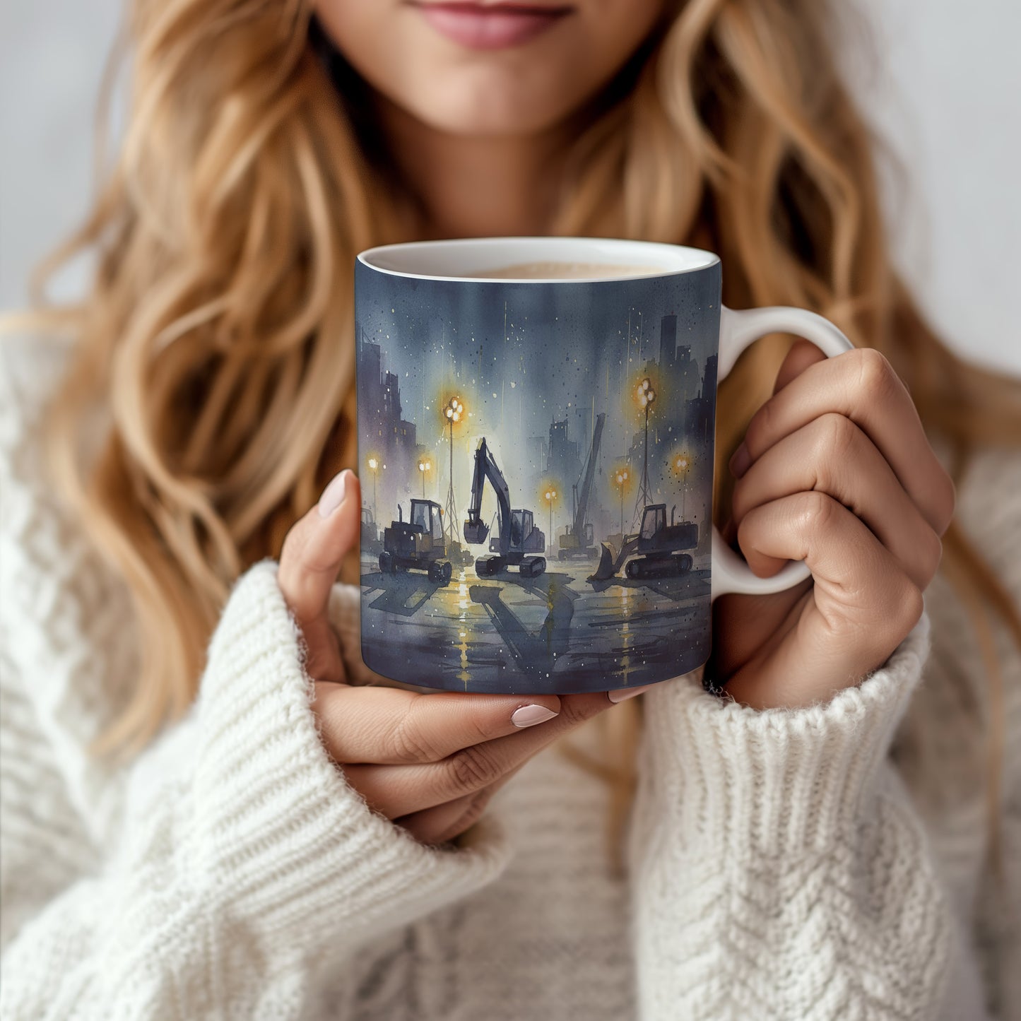 Hrnek s nočním staveništěm a stroji