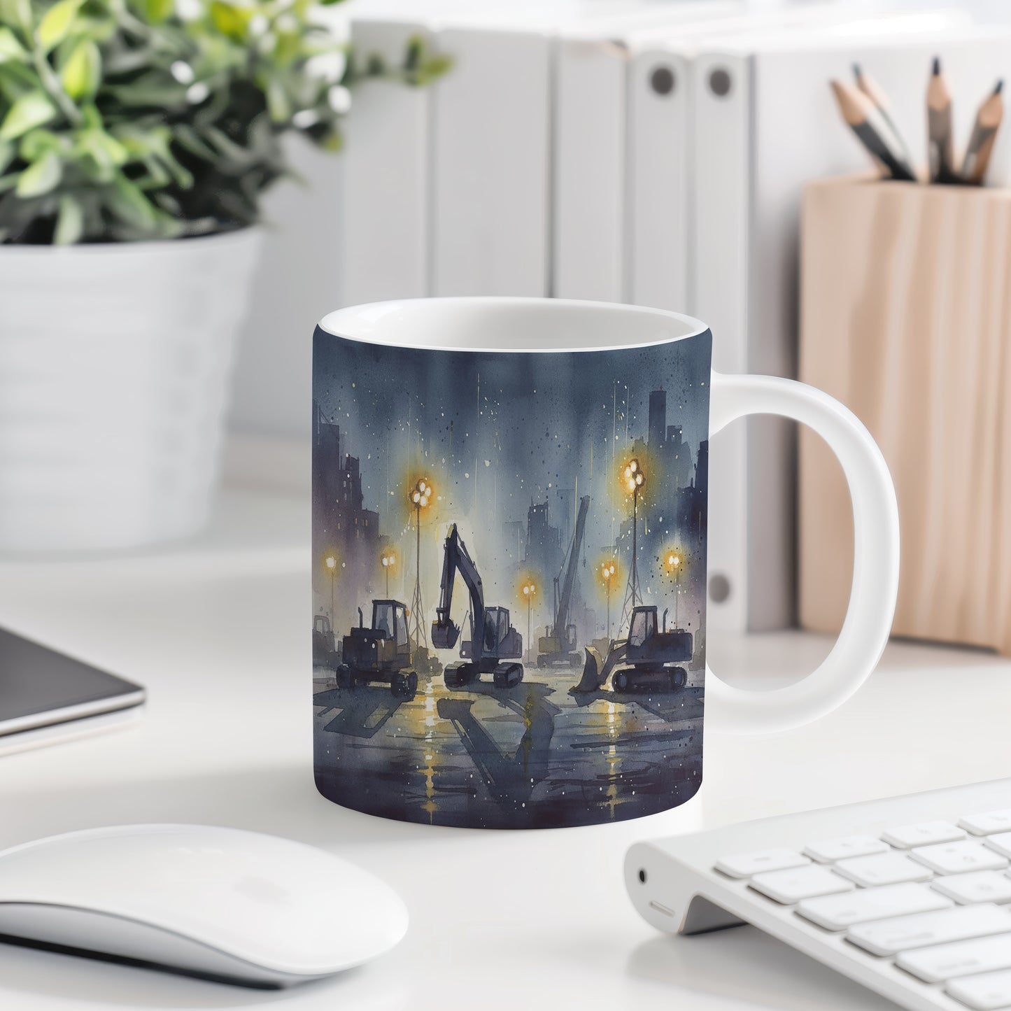 Hrnek s nočním staveništěm a stroji