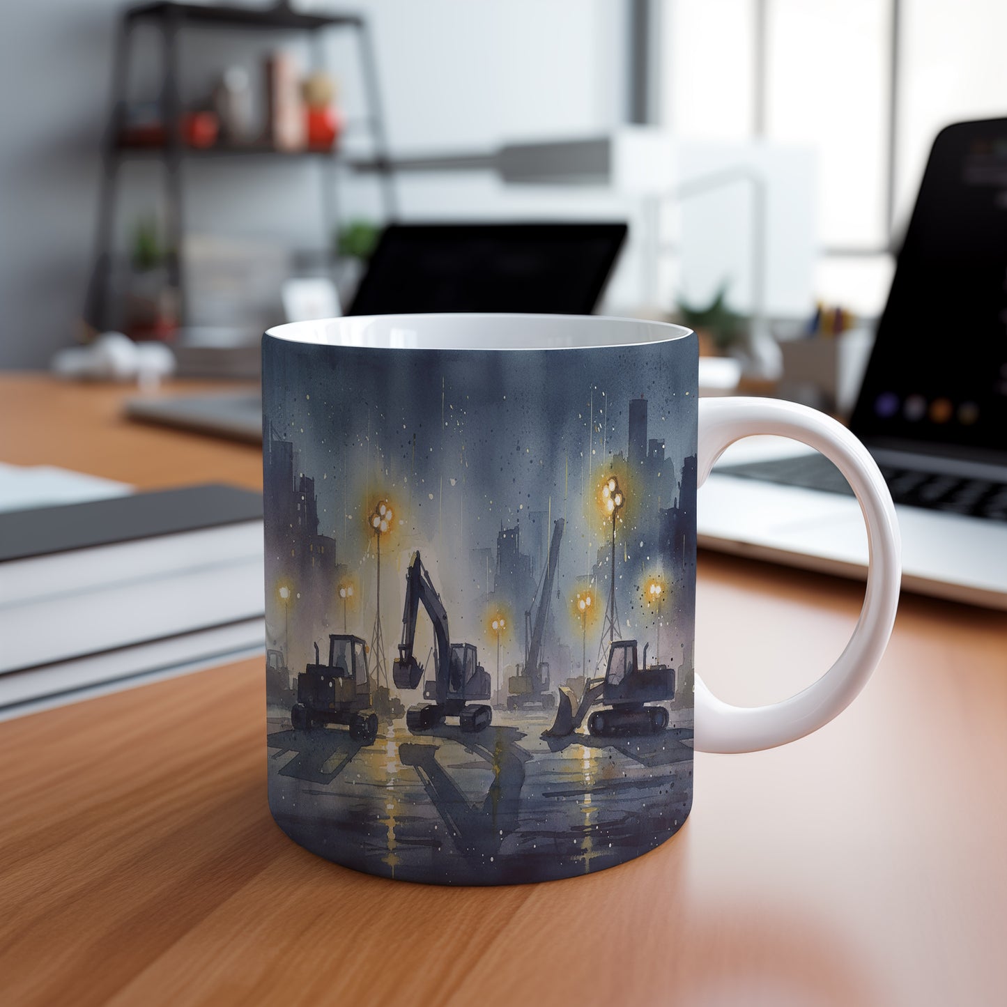 Hrnek s nočním staveništěm a stroji