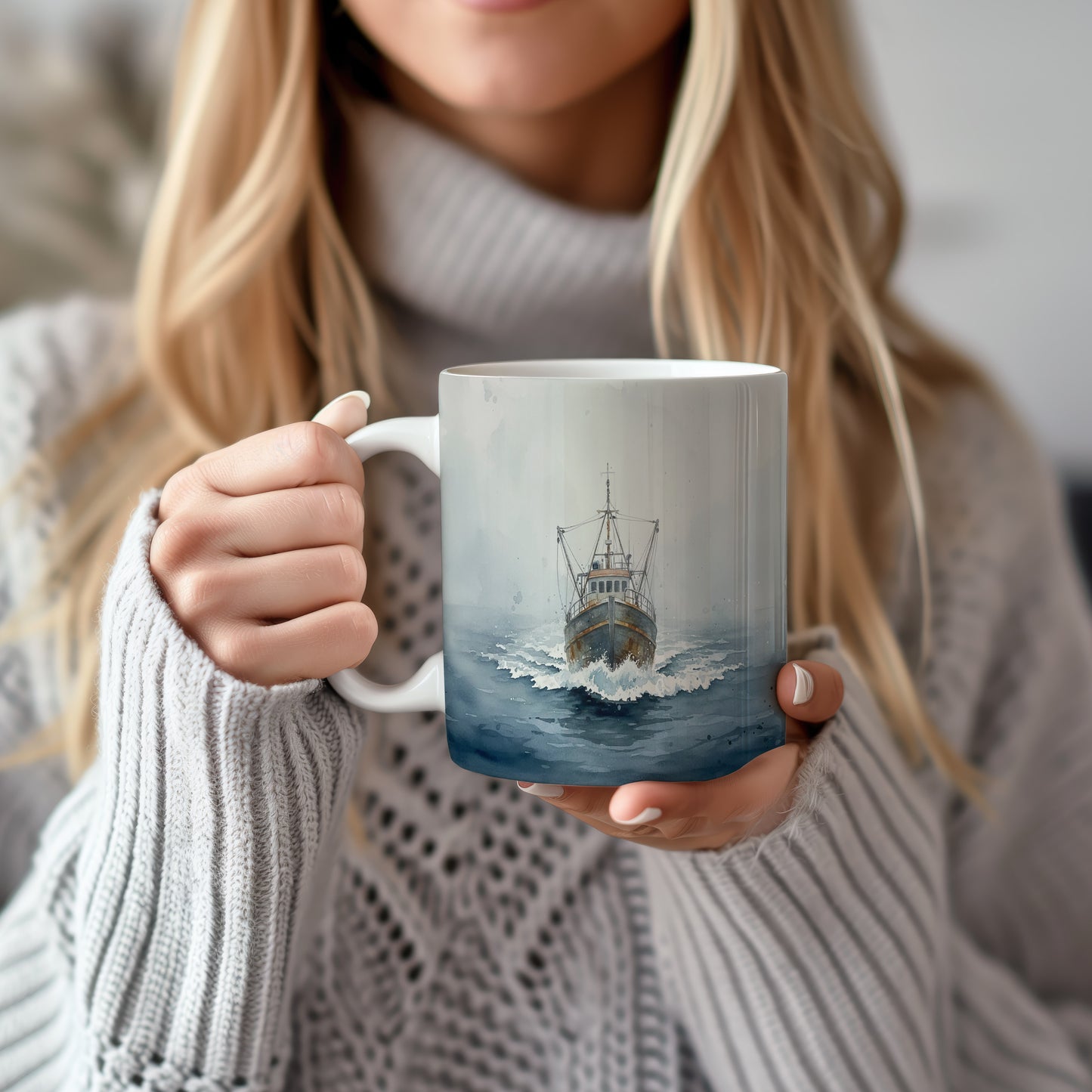 Hrnek s rybářskou lodí na rozbouřeném moři