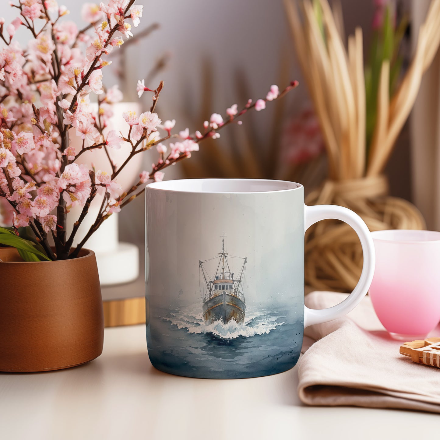 Hrnek s rybářskou lodí na rozbouřeném moři