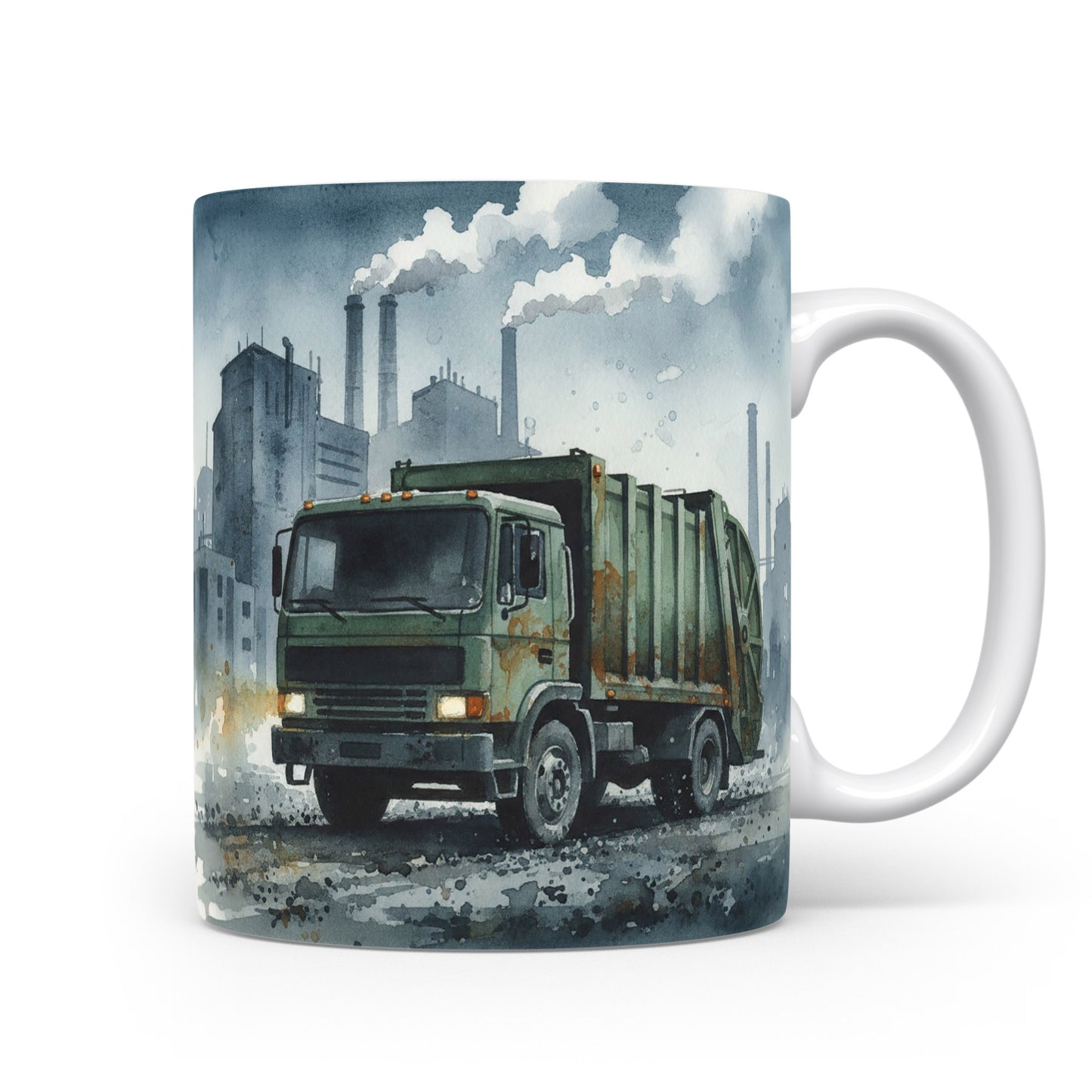 Hrnek s popelářským vozem v průmyslové zóně