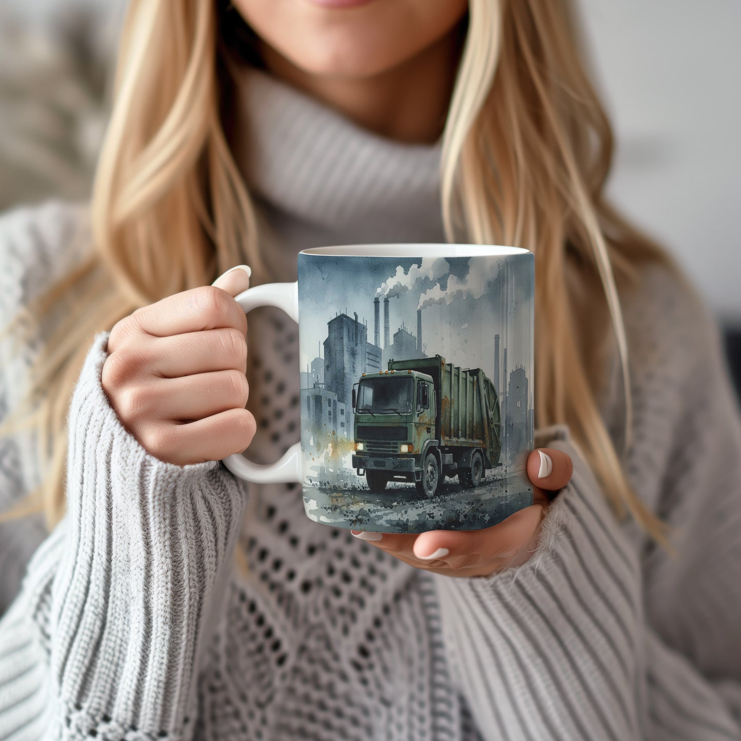 Hrnek s popelářským vozem v průmyslové zóně