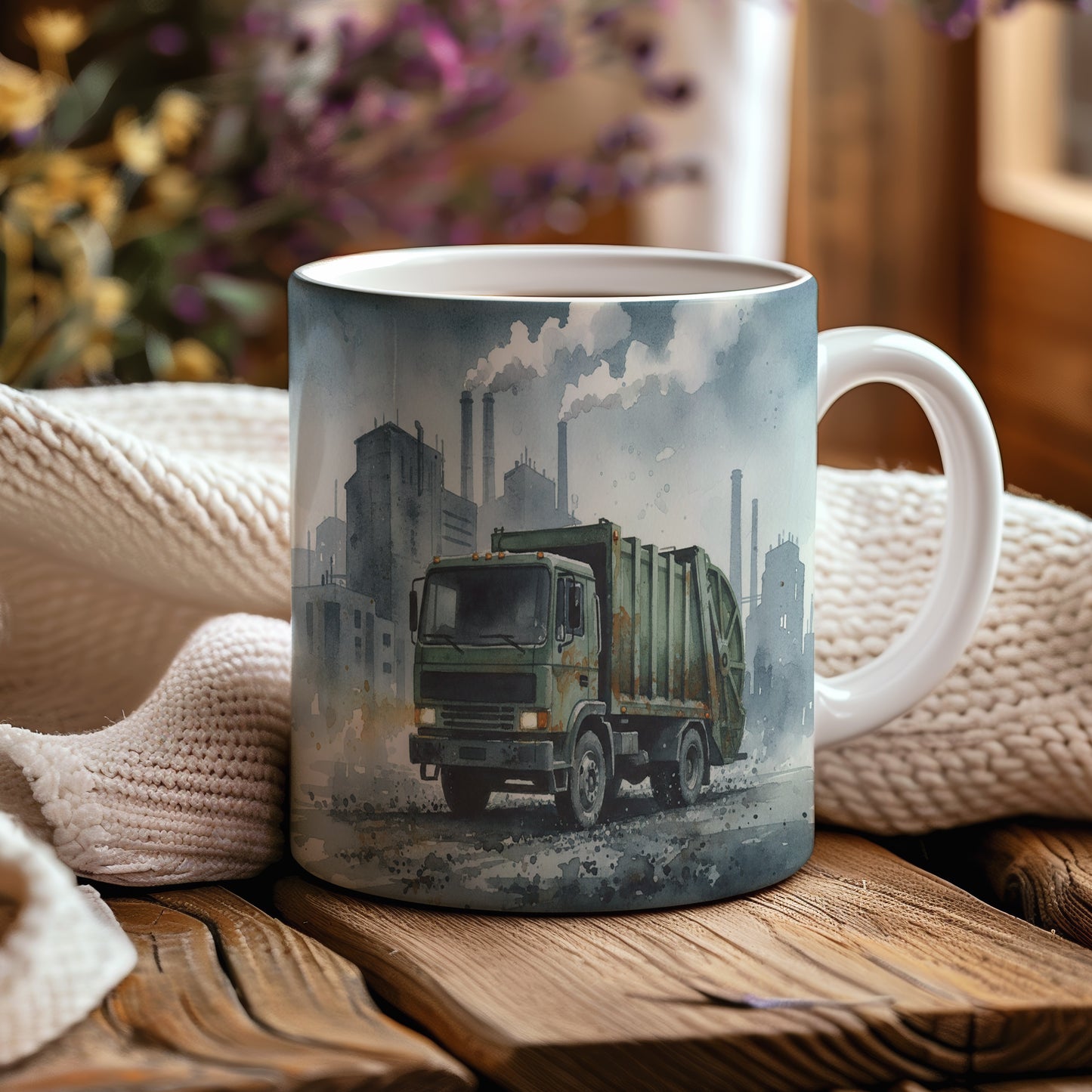 Hrnek s popelářským vozem v průmyslové zóně