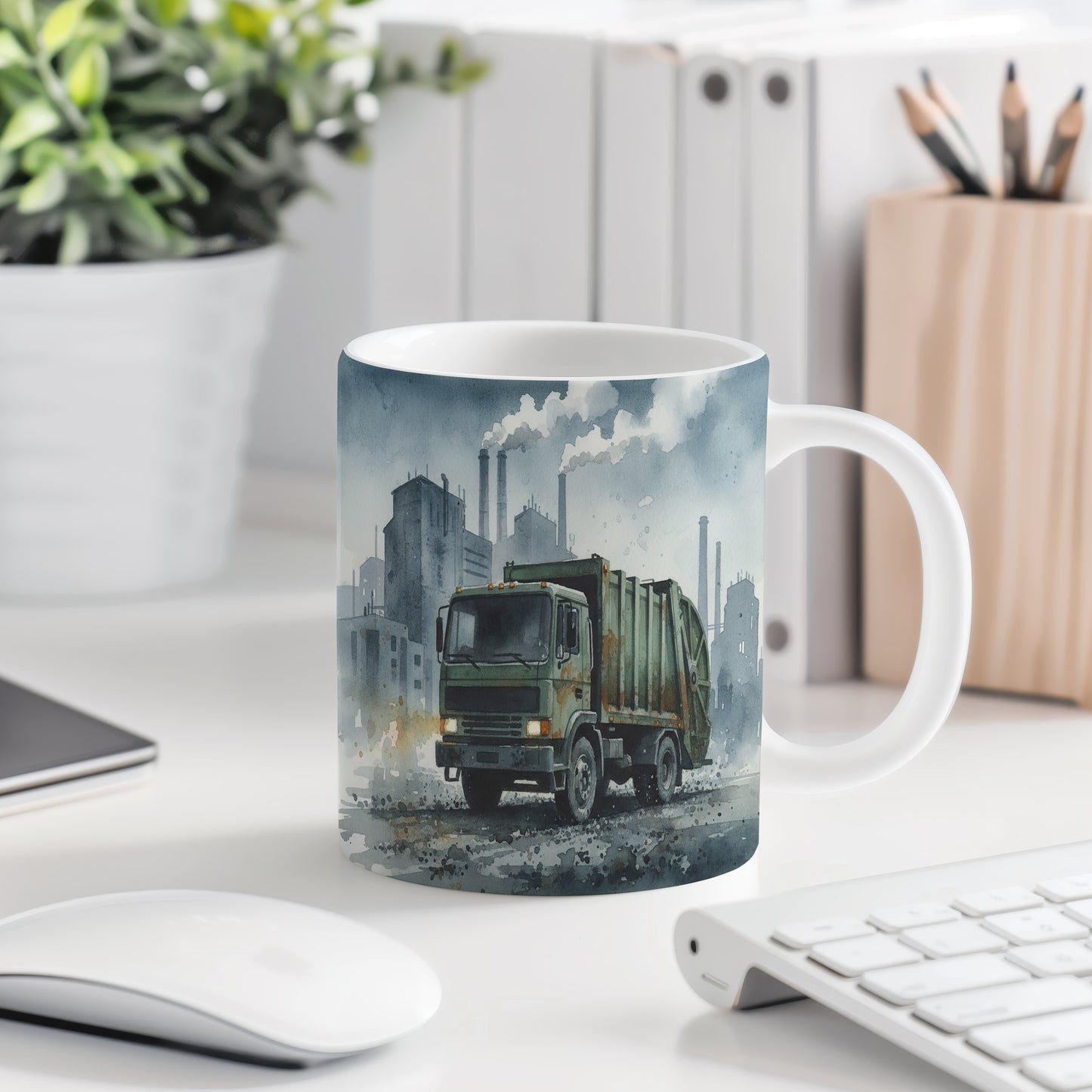 Hrnek s popelářským vozem v průmyslové zóně