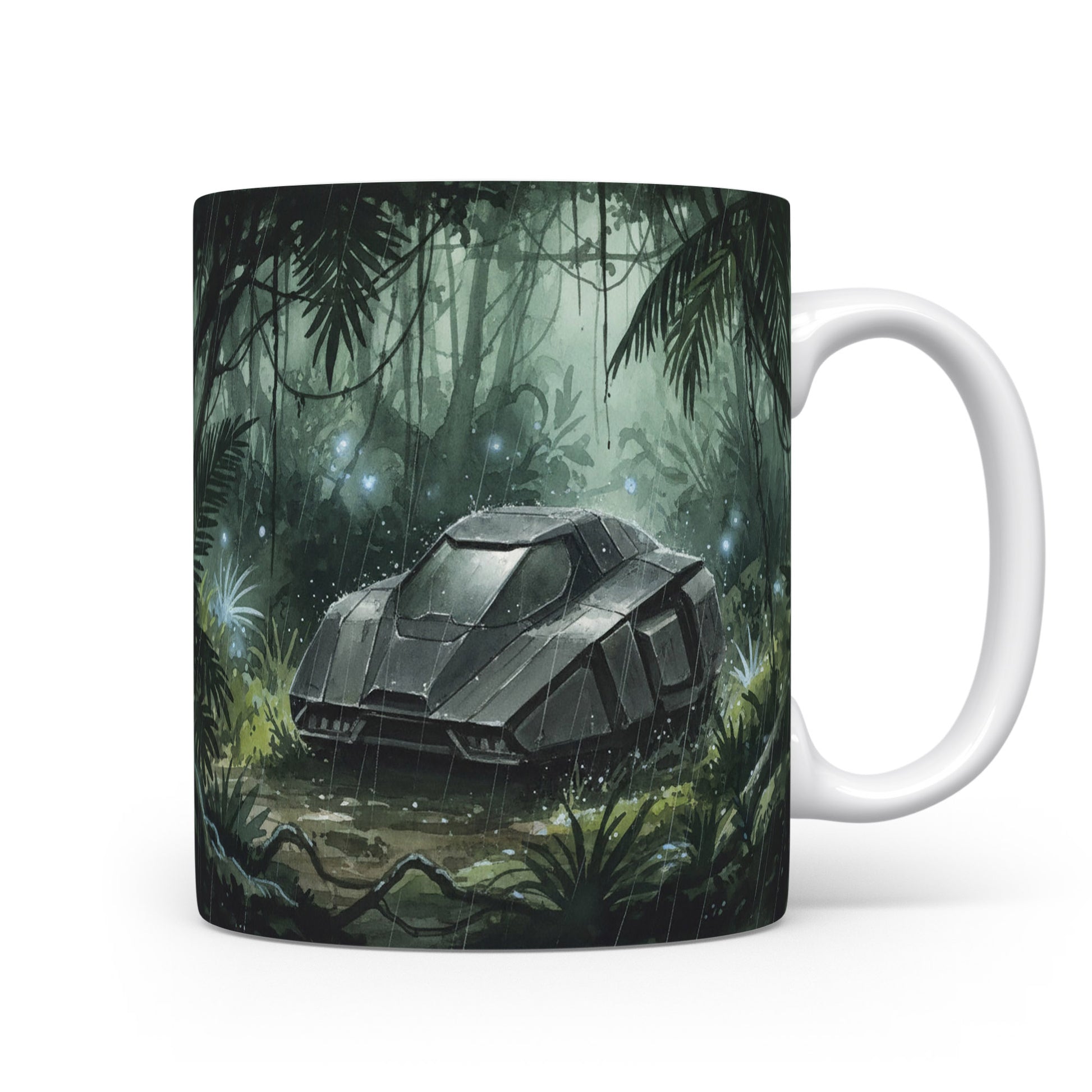 Futuristické auto v džungli na hrnku