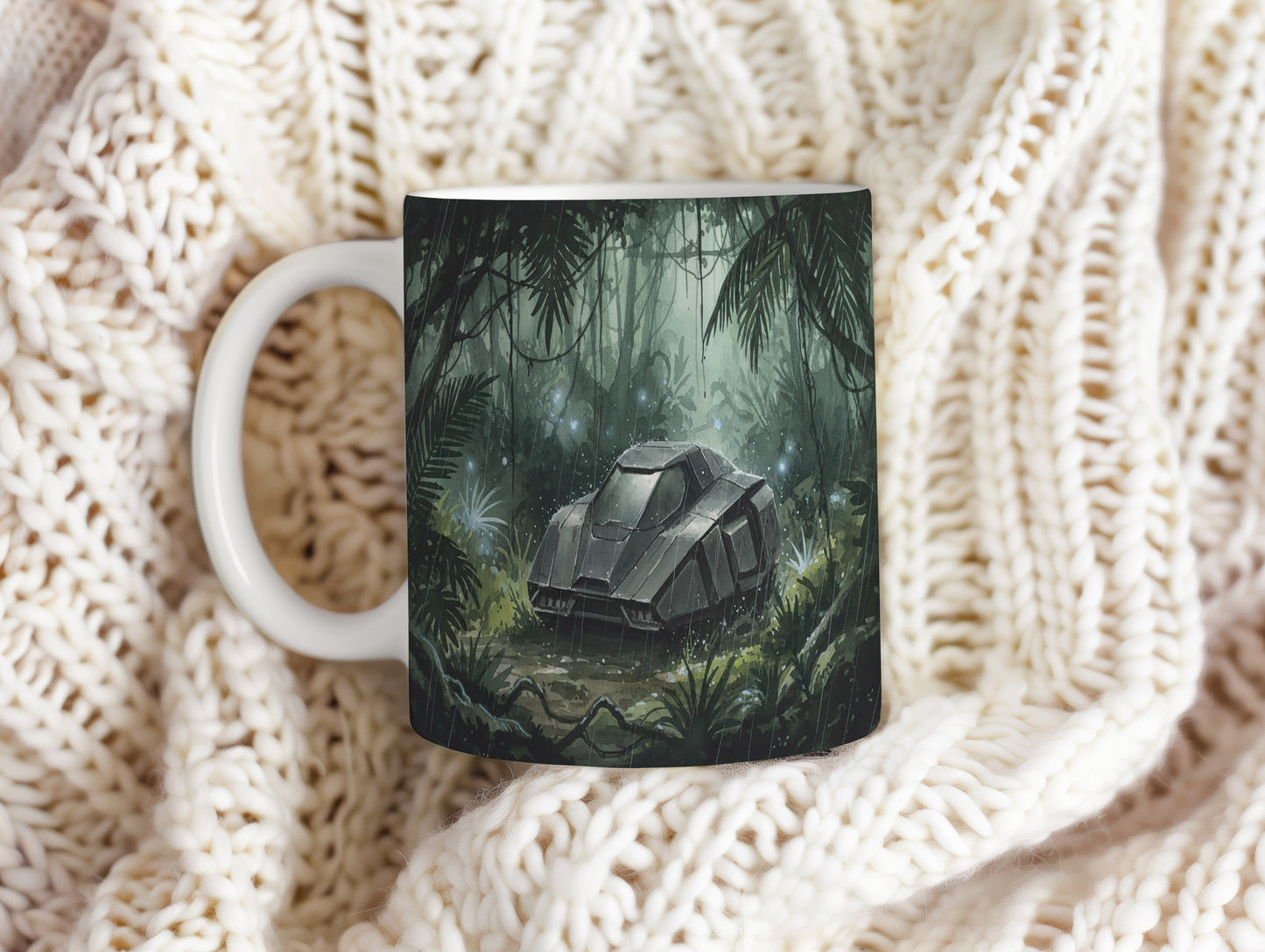 Hrnek s futuristickým autem v džungli