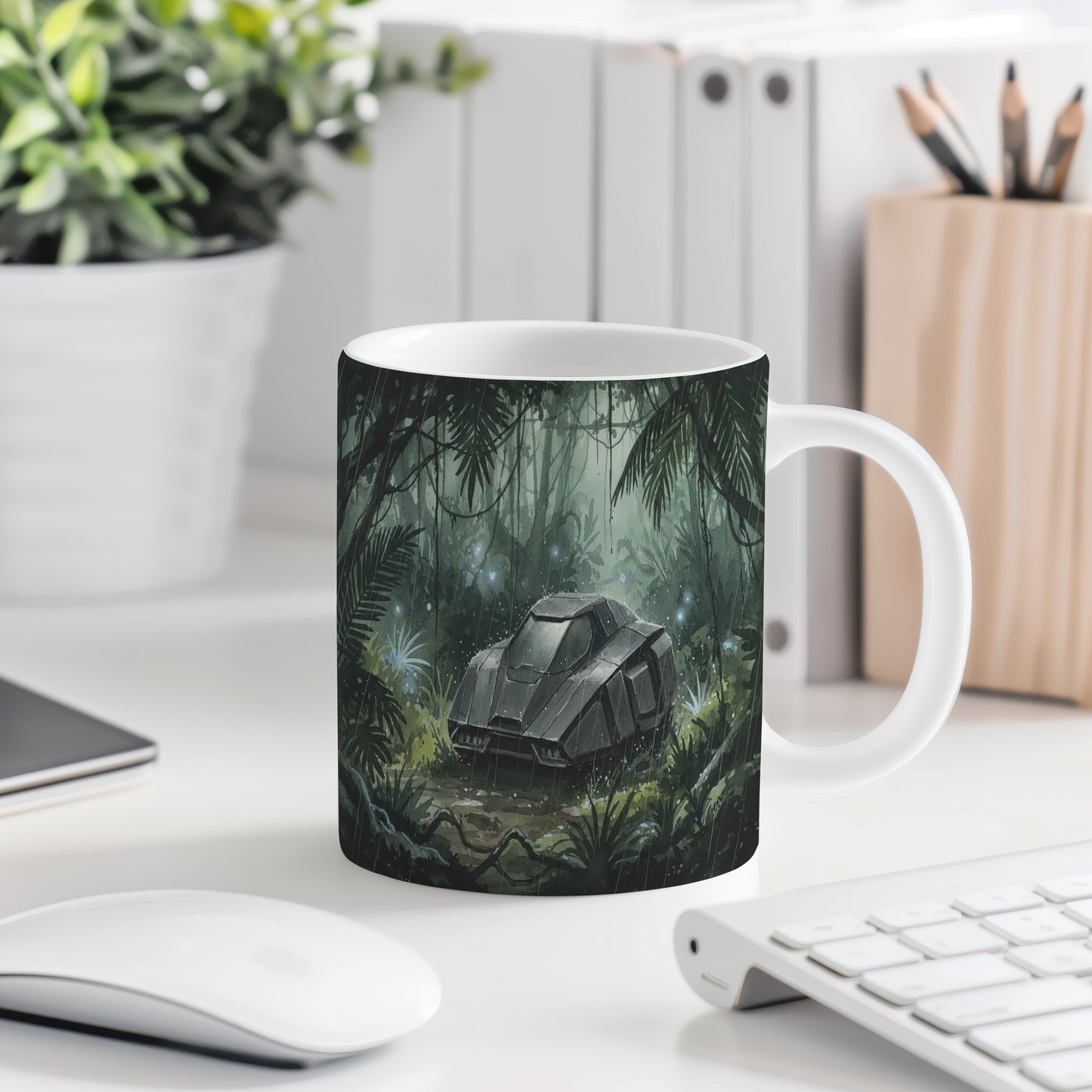 Hrnek s futuristickým autem v džungli
