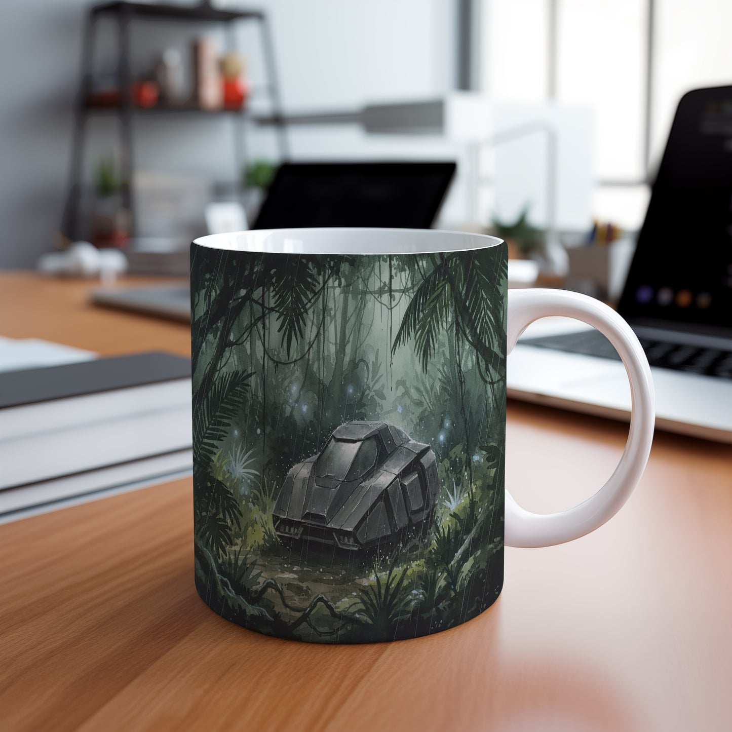 Hrnek s futuristickým autem v džungli