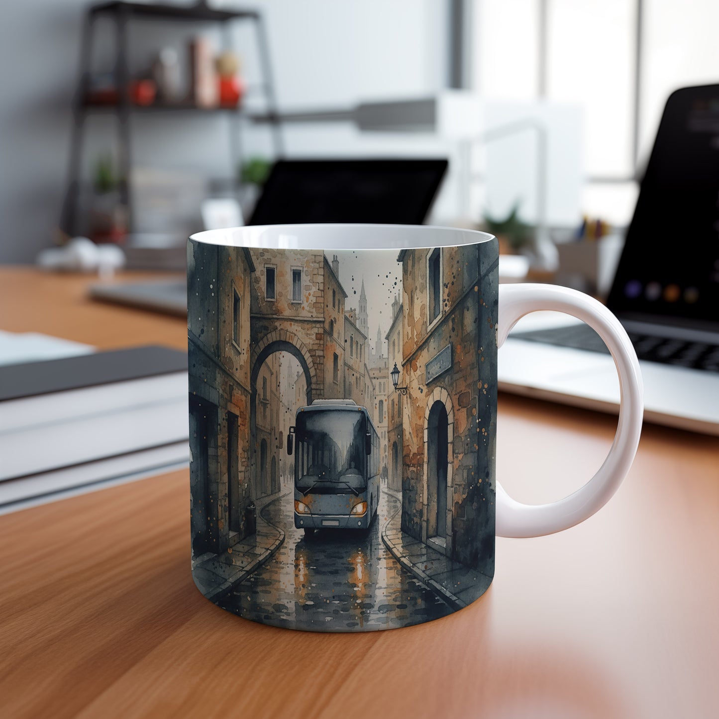 Hrnek s autobusem v historických uličkách