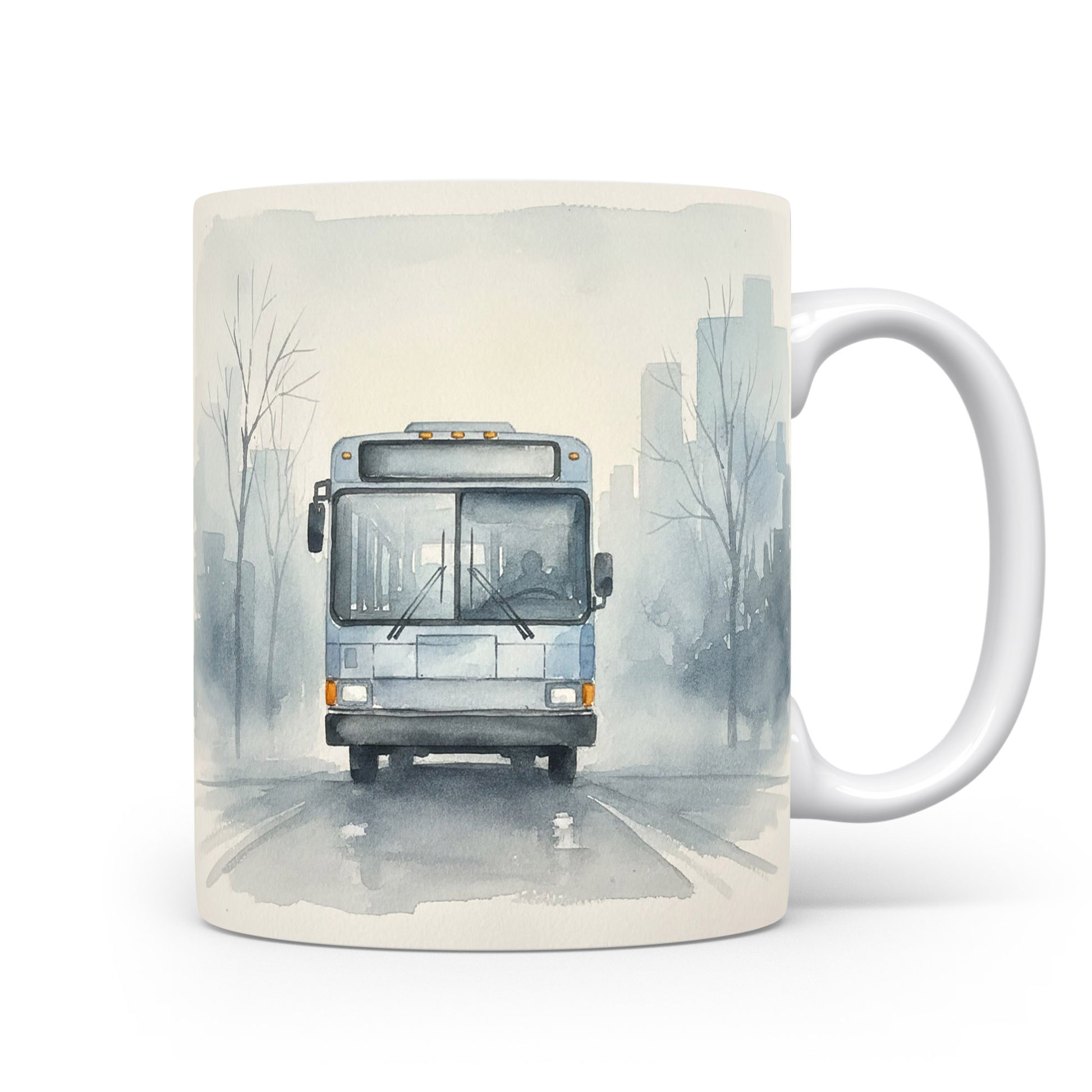 Hrnek s akvarelovým autobusem v mlze