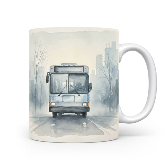 Hrnek s akvarelovým autobusem v mlze